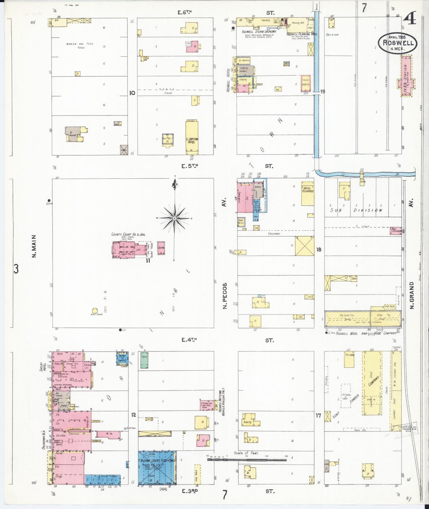 Sanborn Fire Insurance Map from Roswell, Chaves County, New Mexico (1905), Sheet #0004 - Historic Sanborn Fire Insurance Map Print, vintage old map wall art, antique decor, genealogy gift, New Mexico New Mexico map