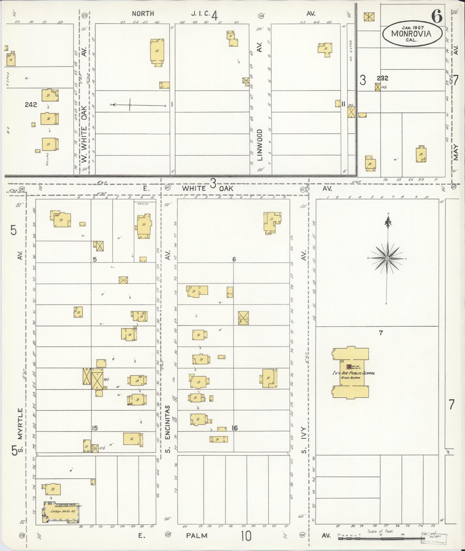 Sanborn Fire Insurance Map from Monrovia, Los Angeles County, California (1907), Sheet #0006 - Complete Map Set gallery image, historic Sanborn map, vintage wall art, California California