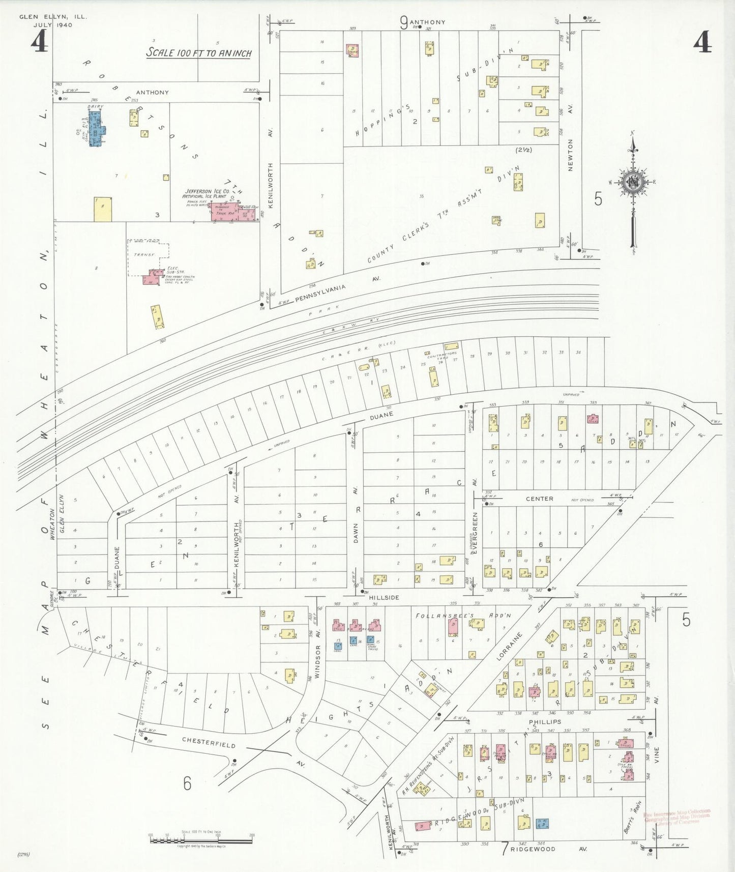 Sanborn Fire Insurance Map from Glen Ellyn, Du Page County, Illinois (1940), Sheet #0004 - Historic Sanborn Fire Insurance Map Print, vintage old map wall art, antique decor, genealogy gift, Illinois Illinois map