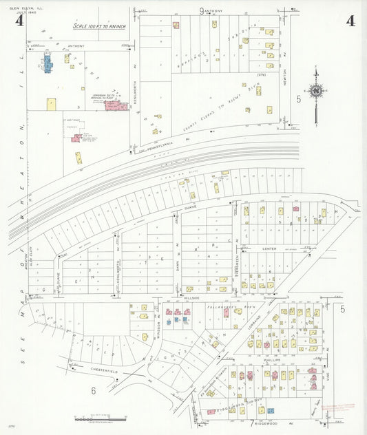 Sanborn Fire Insurance Map from Glen Ellyn, Du Page County, Illinois (1940), Sheet #0004 - Historic Sanborn Fire Insurance Map Print, vintage old map wall art, antique decor, genealogy gift, Illinois Illinois map