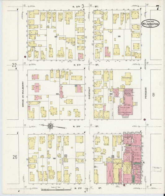Sanborn Fire Insurance Map from Wilmington, New Hanover County, North Carolina (1910), Sheet #0007 - Historic Sanborn Fire Insurance Map Print, vintage old map wall art, antique decor, genealogy gift, North Carolina North Carolina map