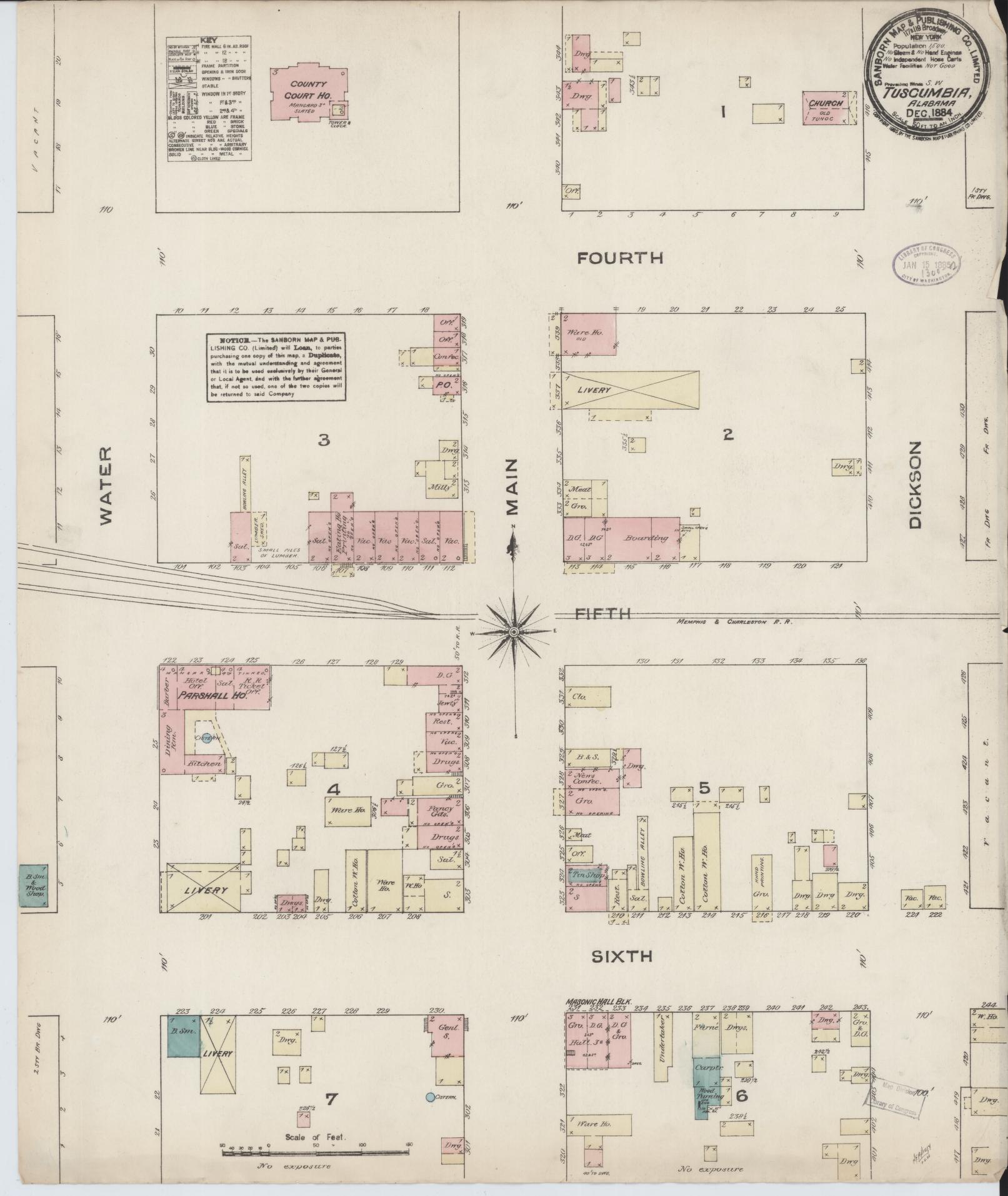 Sanborn Fire Insurance Map from Tuscumbia, Colbert County, Alabama (1884), Sheet #0001 - Historic Sanborn Fire Insurance Map Print, vintage old map wall art, antique decor, genealogy gift, Alabama Alabama map