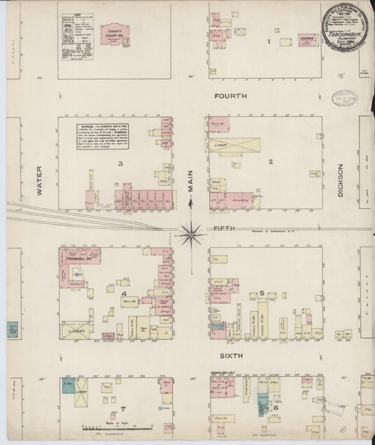 Sanborn Fire Insurance Map from Tuscumbia, Colbert County, Alabama (1884), Sheet #0001 - Historic Sanborn Fire Insurance Map Print, vintage old map wall art, antique decor, genealogy gift, Alabama Alabama map