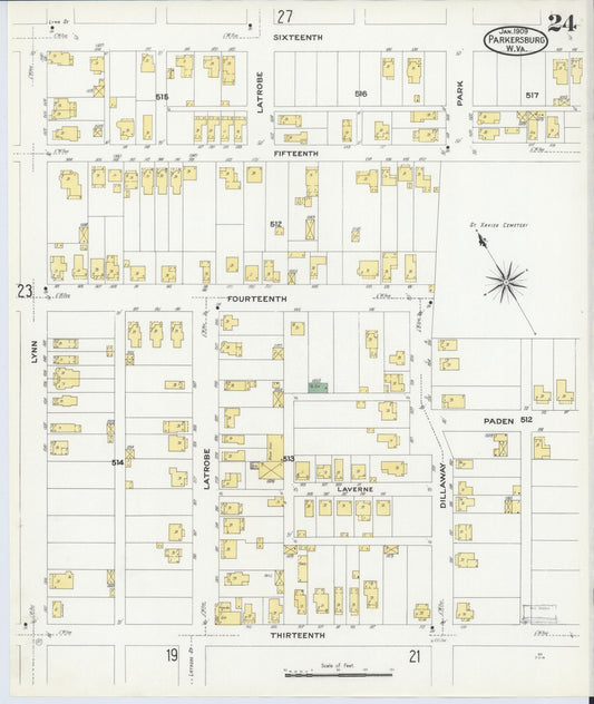 Sanborn Fire Insurance Map from Parkersburg, Wood County, West Virginia (1909), Sheet #0024 - Historic Sanborn Fire Insurance Map Print, vintage old map wall art, antique decor, genealogy gift, West Virginia West Virginia map