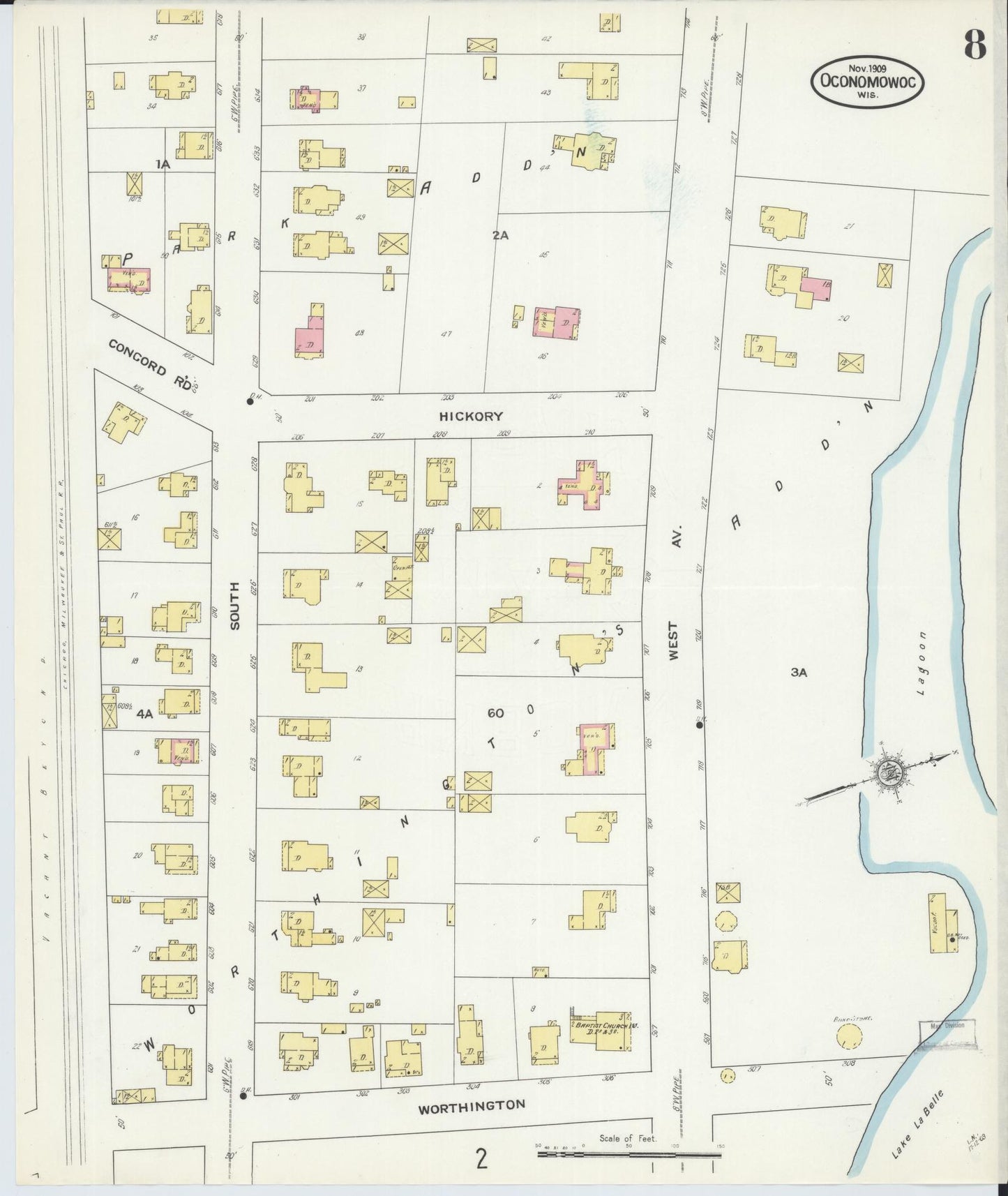 Sanborn Fire Insurance Map from Oconomowoc, Waukesha County, Wisconsin (1909), Sheet #0008 - Complete Map Set gallery image, historic Sanborn map, vintage wall art, Wisconsin Wisconsin