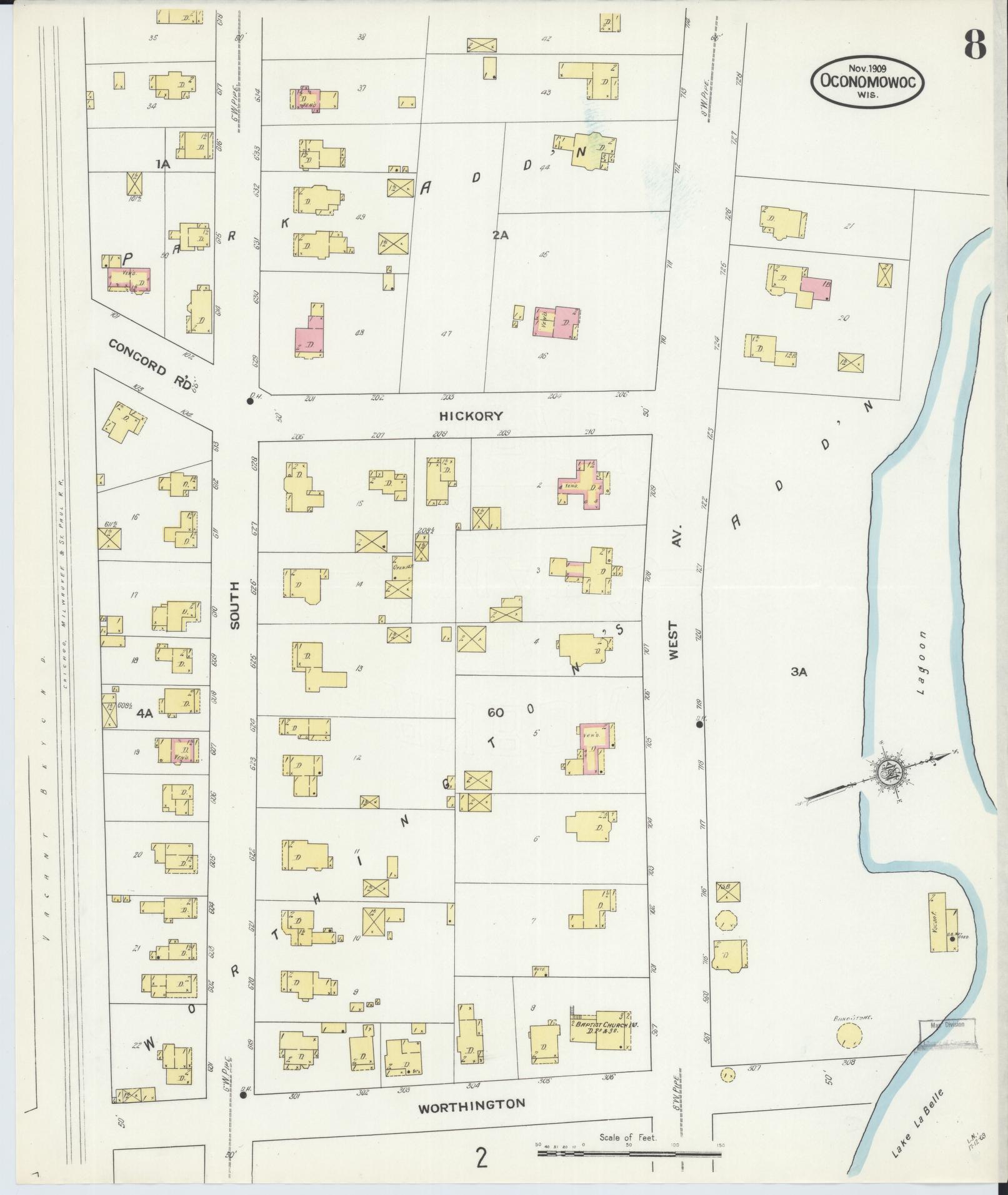 Sanborn Fire Insurance Map from Oconomowoc, Waukesha County, Wisconsin (1909), Sheet #0008 - Complete Map Set gallery image, historic Sanborn map, vintage wall art, Wisconsin Wisconsin
