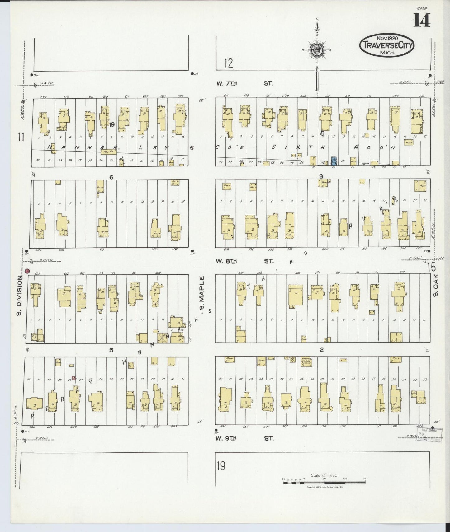 Sanborn Fire Insurance Map from Traverse City, Grand Traverse County, Michigan (1920), Sheet #0014 - Historic Sanborn Fire Insurance Map Print, vintage old map wall art, antique decor, genealogy gift, Michigan Michigan map