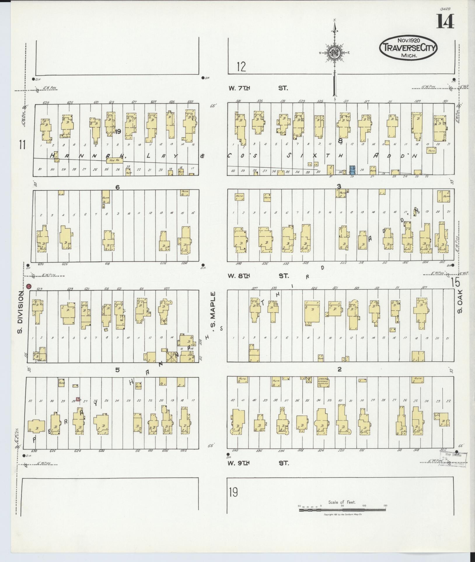 Sanborn Fire Insurance Map from Traverse City, Grand Traverse County, Michigan (1920), Sheet #0014 - Historic Sanborn Fire Insurance Map Print, vintage old map wall art, antique decor, genealogy gift, Michigan Michigan map