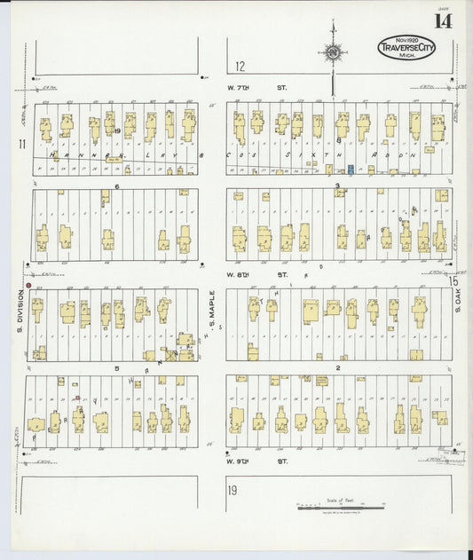 Sanborn Fire Insurance Map from Traverse City, Grand Traverse County, Michigan (1920), Sheet #0014 - Historic Sanborn Fire Insurance Map Print, vintage old map wall art, antique decor, genealogy gift, Michigan Michigan map