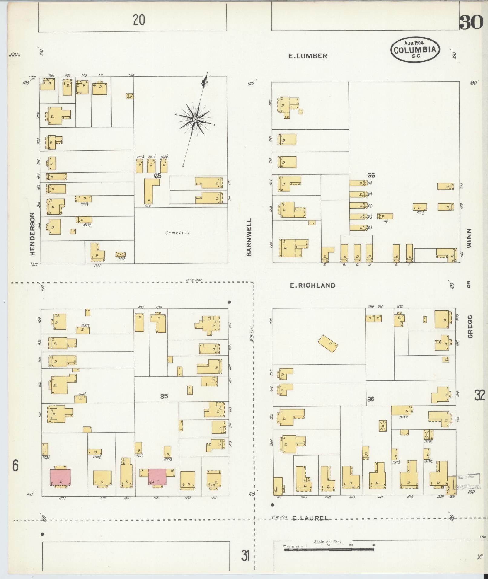 Sanborn Fire Insurance Map from Columbia, Richland County, South Carolina (1904), Sheet #0030 - Complete Map Set gallery image, historic Sanborn map, vintage wall art, South Carolina South Carolina