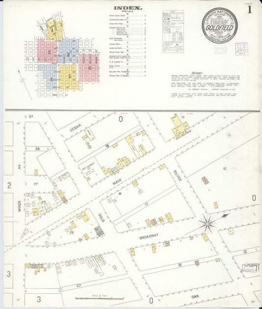 Sanborn Fire Insurance Map from Goldfield, Esmeralda County, Nevada (1905), Sheet #0001 - Historic Sanborn Fire Insurance Map Print, vintage old map wall art, antique decor, genealogy gift, Nevada Nevada map