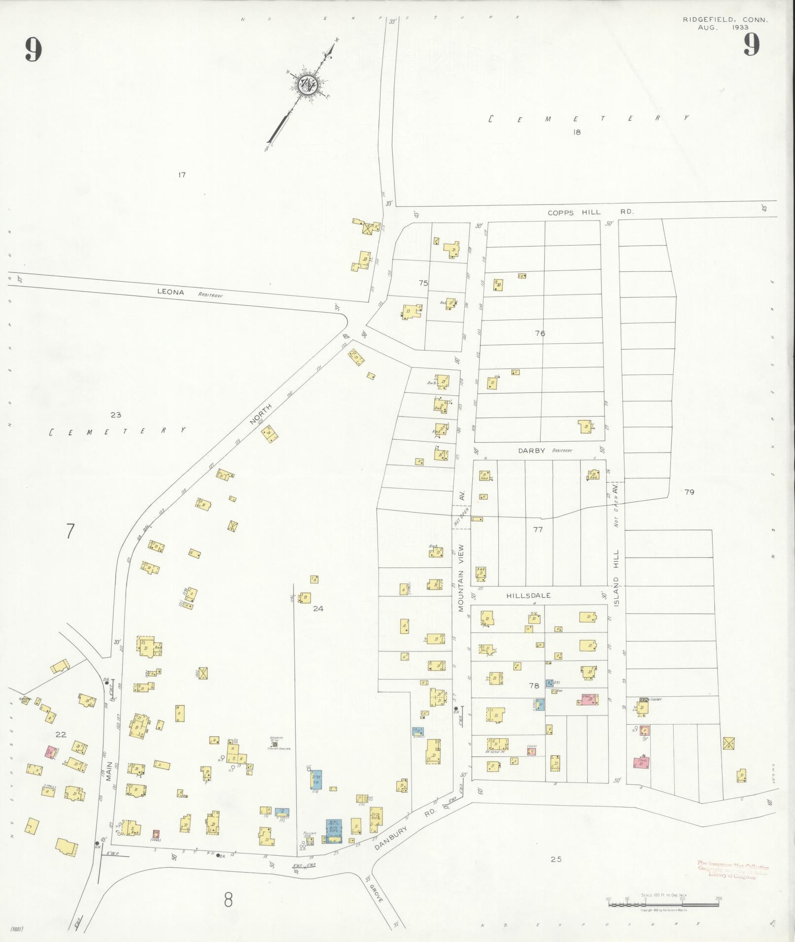 Sanborn Fire Insurance Map from Ridgefield, Fairfield County, Connecticut (1933), Sheet #0009 - Complete Map Set gallery image, historic Sanborn map, vintage wall art, Connecticut Connecticut