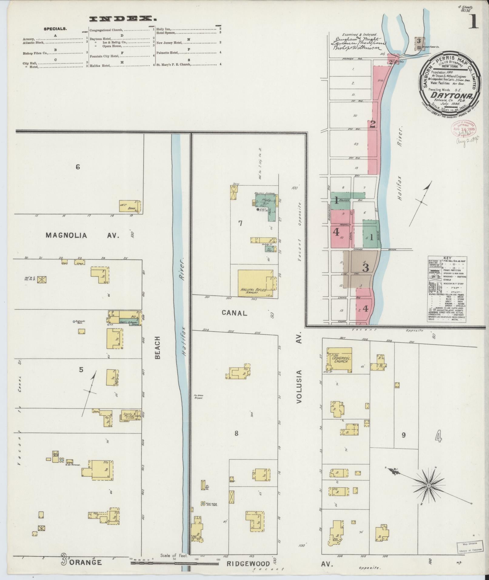Sanborn Fire Insurance Map from Daytona, Volusia County, Florida (1895), Sheet #0001 - Historic Sanborn Fire Insurance Map Print, vintage old map wall art, antique decor, genealogy gift, Florida Florida map