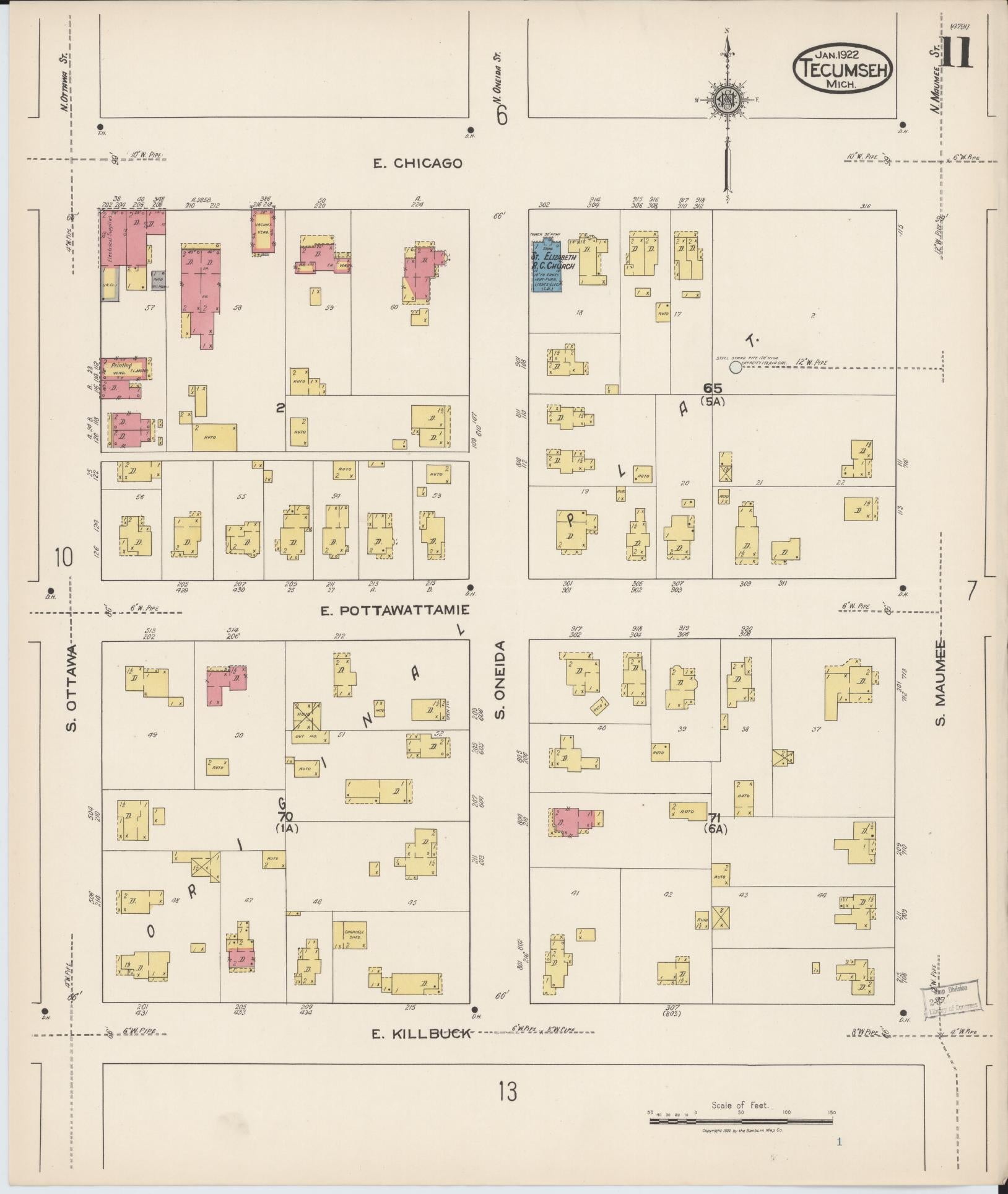 Sanborn Fire Insurance Map from Tecumseh, Lenawee County, Michigan (1922), Sheet #0011 - Complete Map Set gallery image, historic Sanborn map, vintage wall art, Michigan Michigan