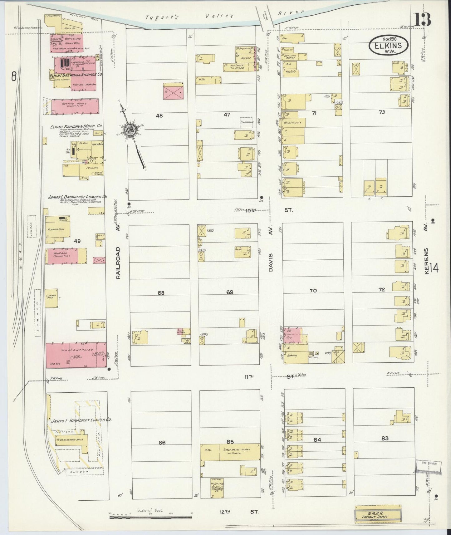 Sanborn Fire Insurance Map from Elkins, Randolph County, West Virginia (1910), Sheet #0013 - Complete Map Set gallery image, historic Sanborn map, vintage wall art, West Virginia West Virginia