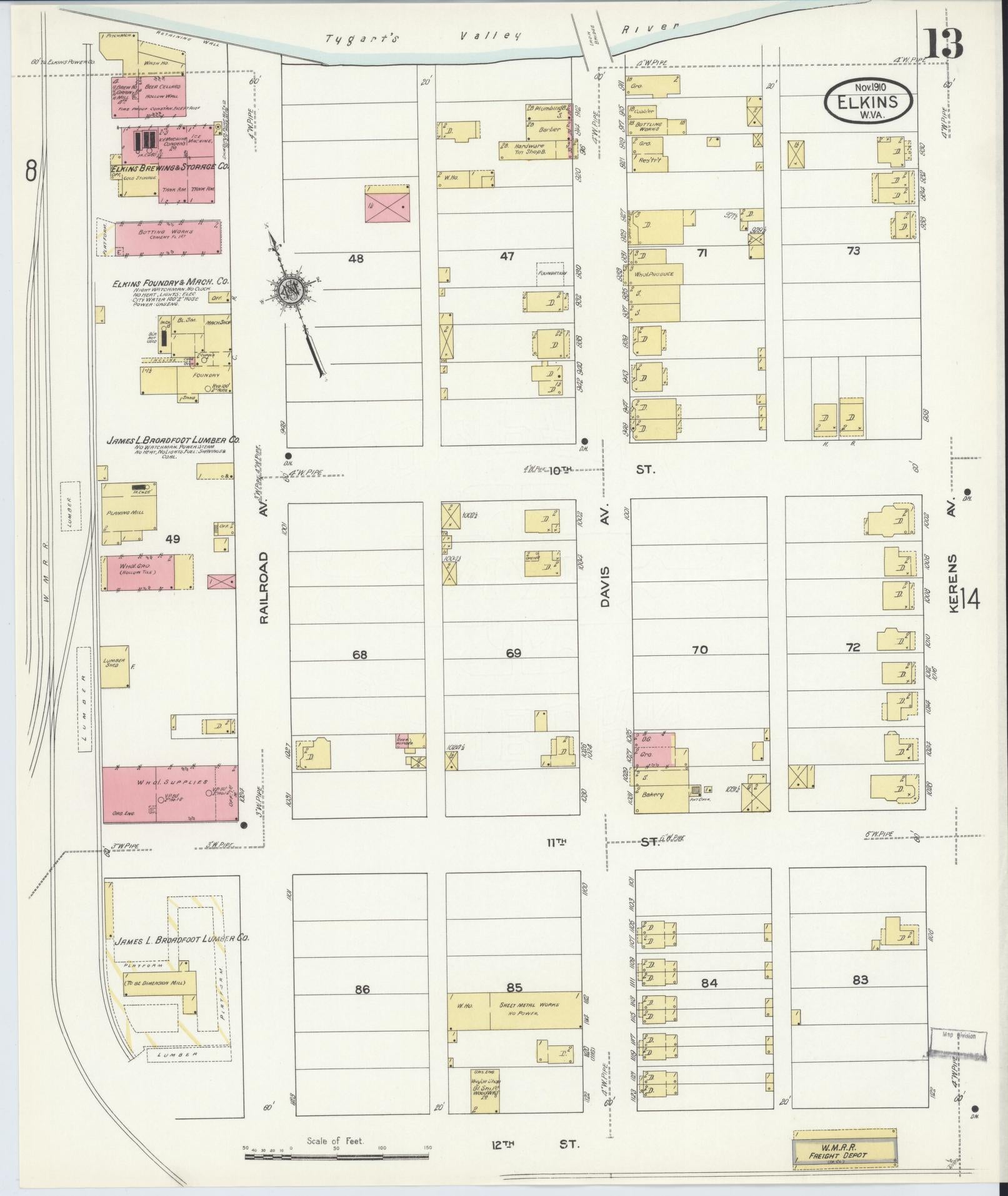 Sanborn Fire Insurance Map from Elkins, Randolph County, West Virginia (1910), Sheet #0013 - Complete Map Set gallery image, historic Sanborn map, vintage wall art, West Virginia West Virginia