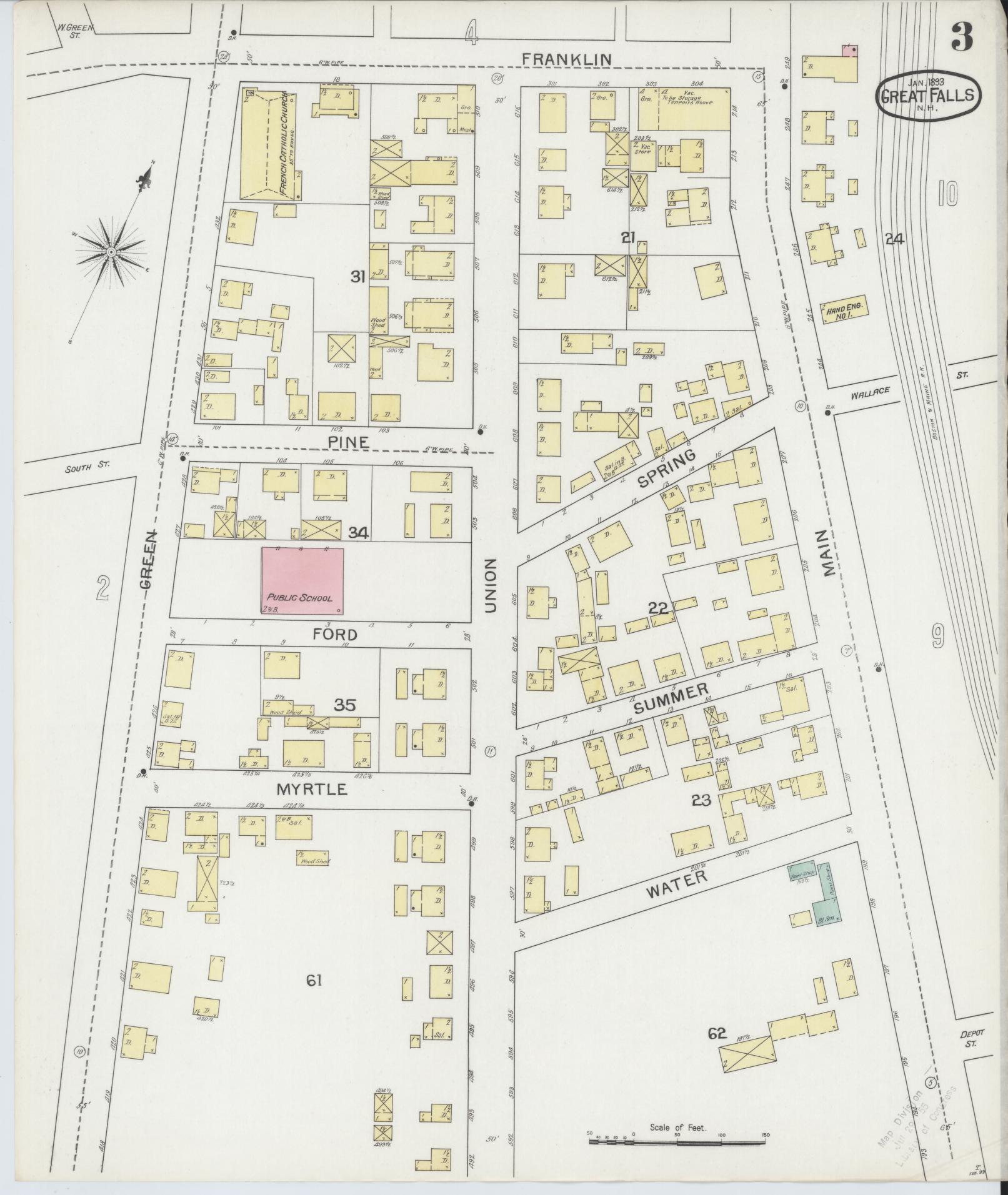 Sanborn Fire Insurance Map from Great Falls, Strafford County, New Hampshire (1893), Sheet #0003 - Complete Map Set gallery image, historic Sanborn map, vintage wall art, New Hampshire New Hampshire