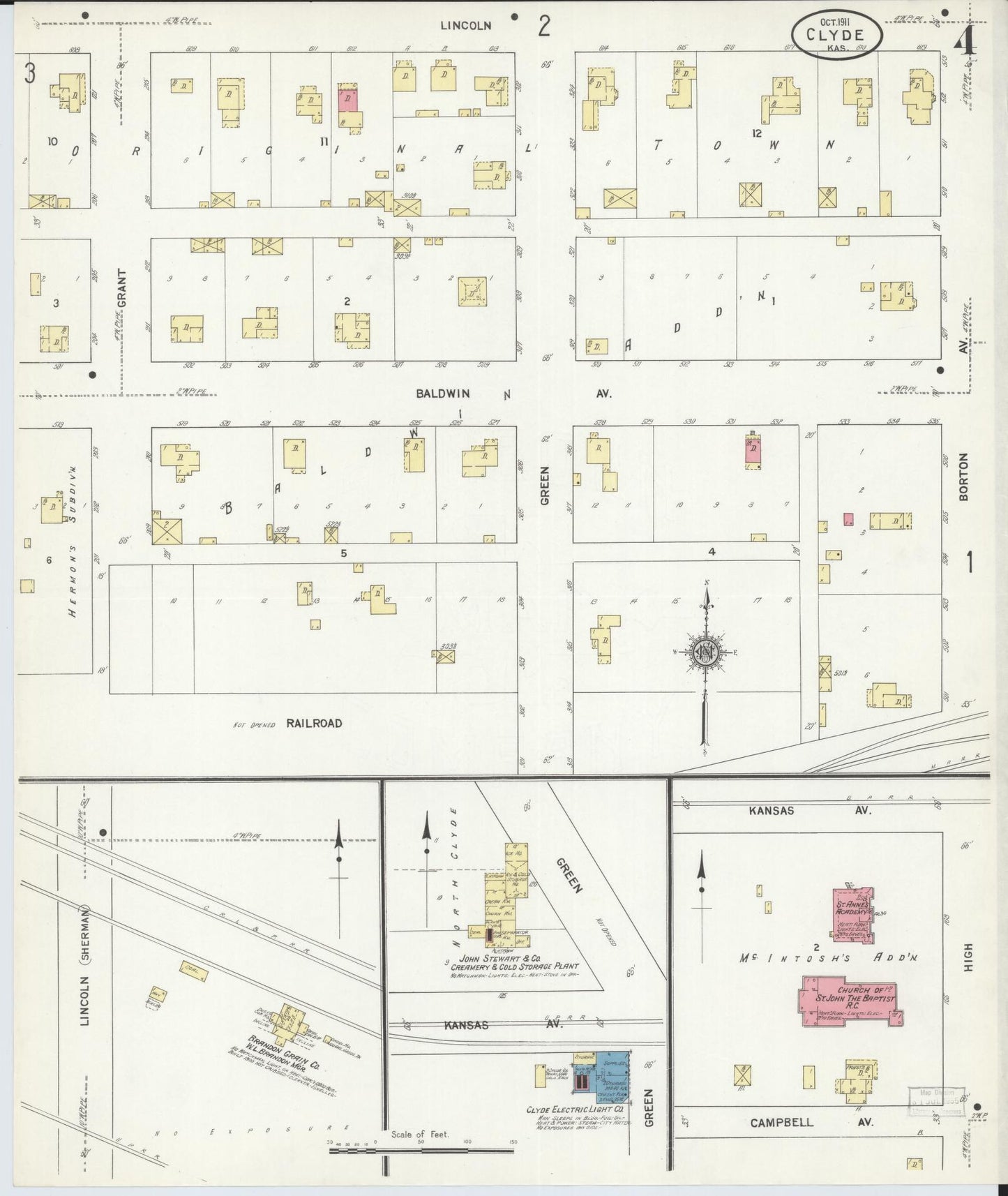 Sanborn Fire Insurance Map from Clyde, Cloud County, Kansas (1911), Sheet #0004 - Historic Sanborn Fire Insurance Map Print, vintage old map wall art, antique decor, genealogy gift, Kansas Kansas map