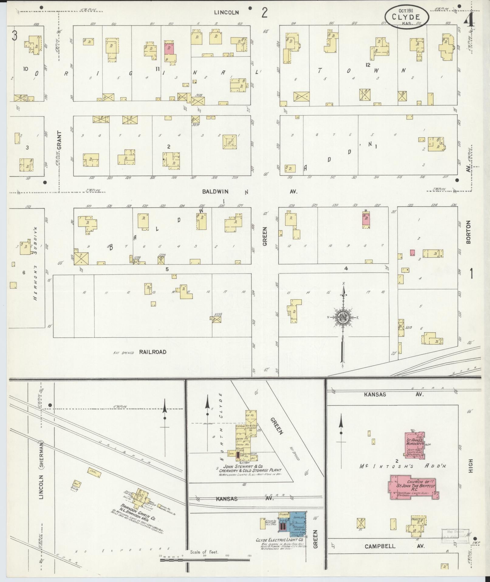 Sanborn Fire Insurance Map from Clyde, Cloud County, Kansas (1911), Sheet #0004 - Historic Sanborn Fire Insurance Map Print, vintage old map wall art, antique decor, genealogy gift, Kansas Kansas map