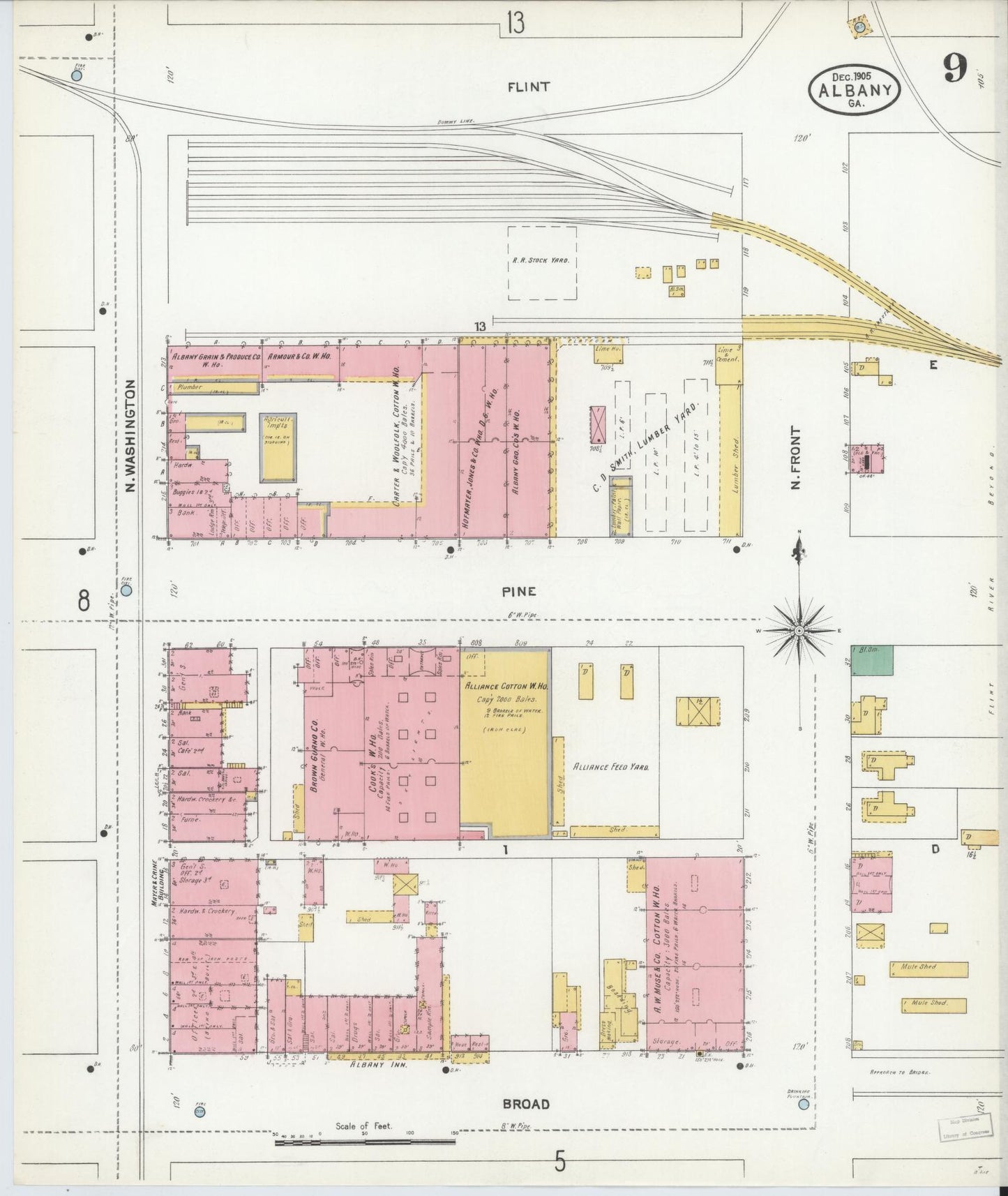 Sanborn Fire Insurance Map from Albany, Dougherty County, Georgia (1905), Sheet #0009 - Historic Sanborn Fire Insurance Map Print, vintage old map wall art, antique decor, genealogy gift, Georgia Georgia map