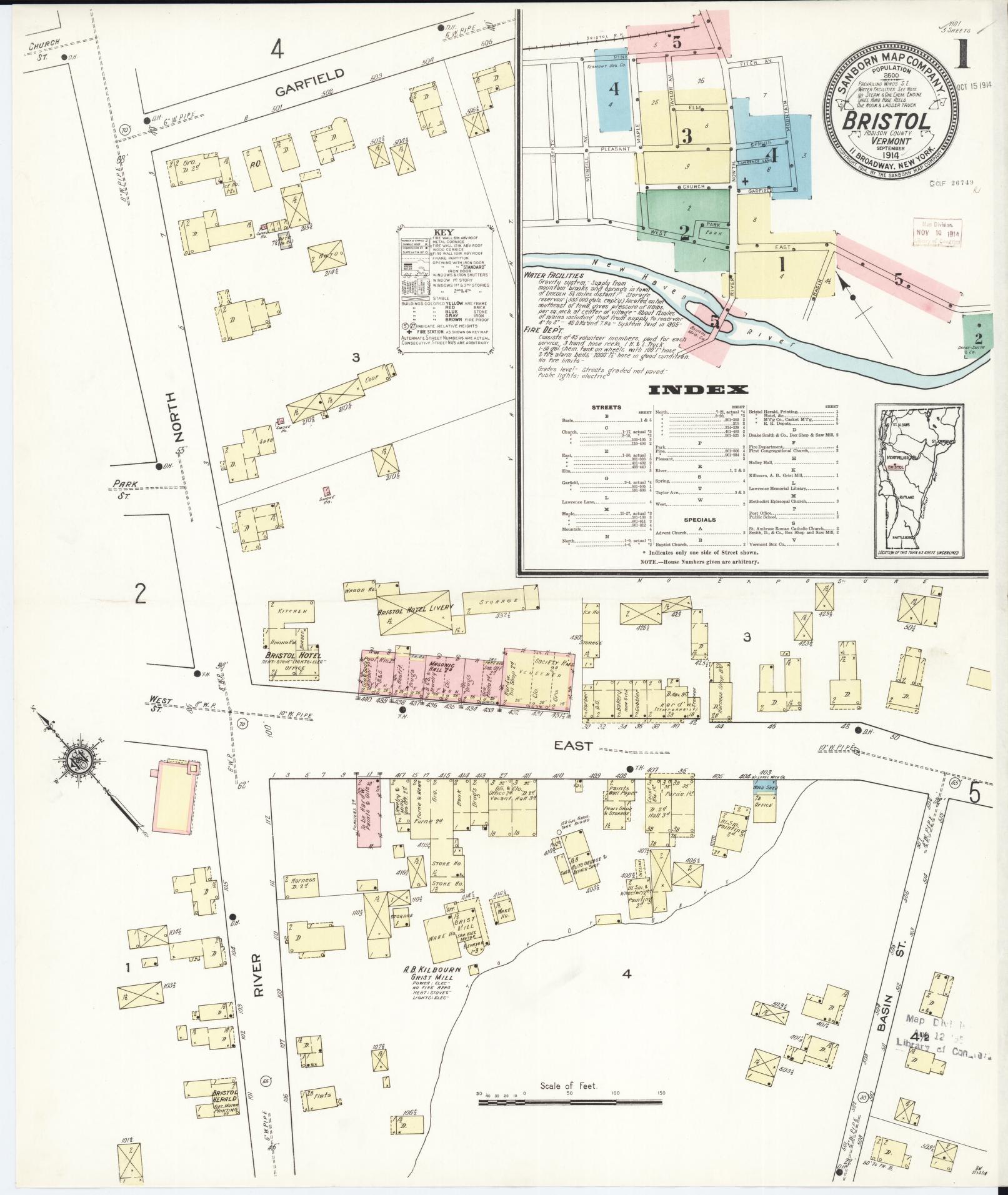 Sanborn Fire Insurance Map from Bristol, Addison County, Vermont (1914), Sheet #0001 - Historic Sanborn Fire Insurance Map Print, vintage old map wall art, antique decor, genealogy gift, Vermont Vermont map