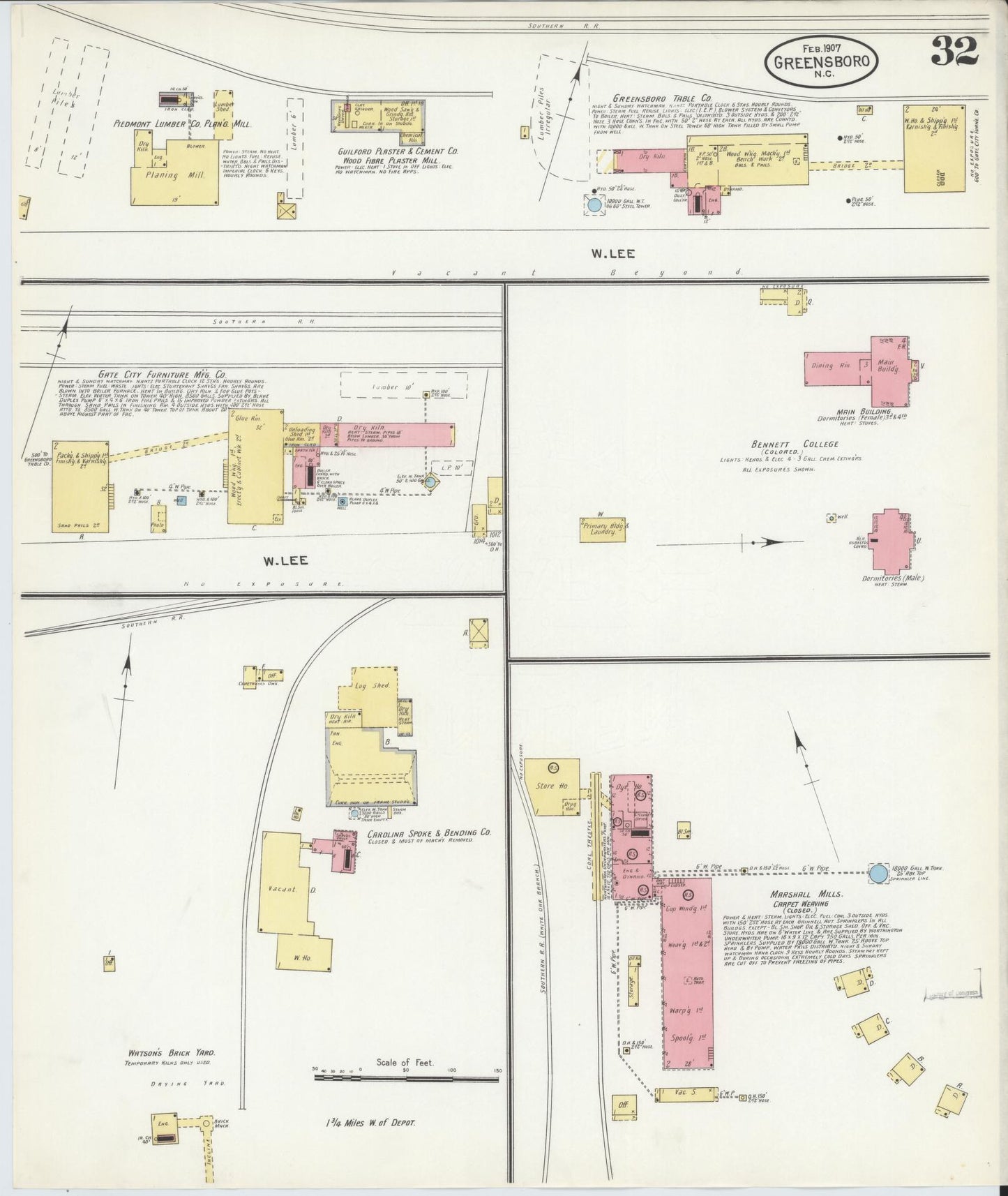 Sanborn Fire Insurance Map from Greensboro, Guilford County, North Carolina (1907), Sheet #0032 - Historic Sanborn Fire Insurance Map Print, vintage old map wall art, antique decor, genealogy gift, North Carolina North Carolina map