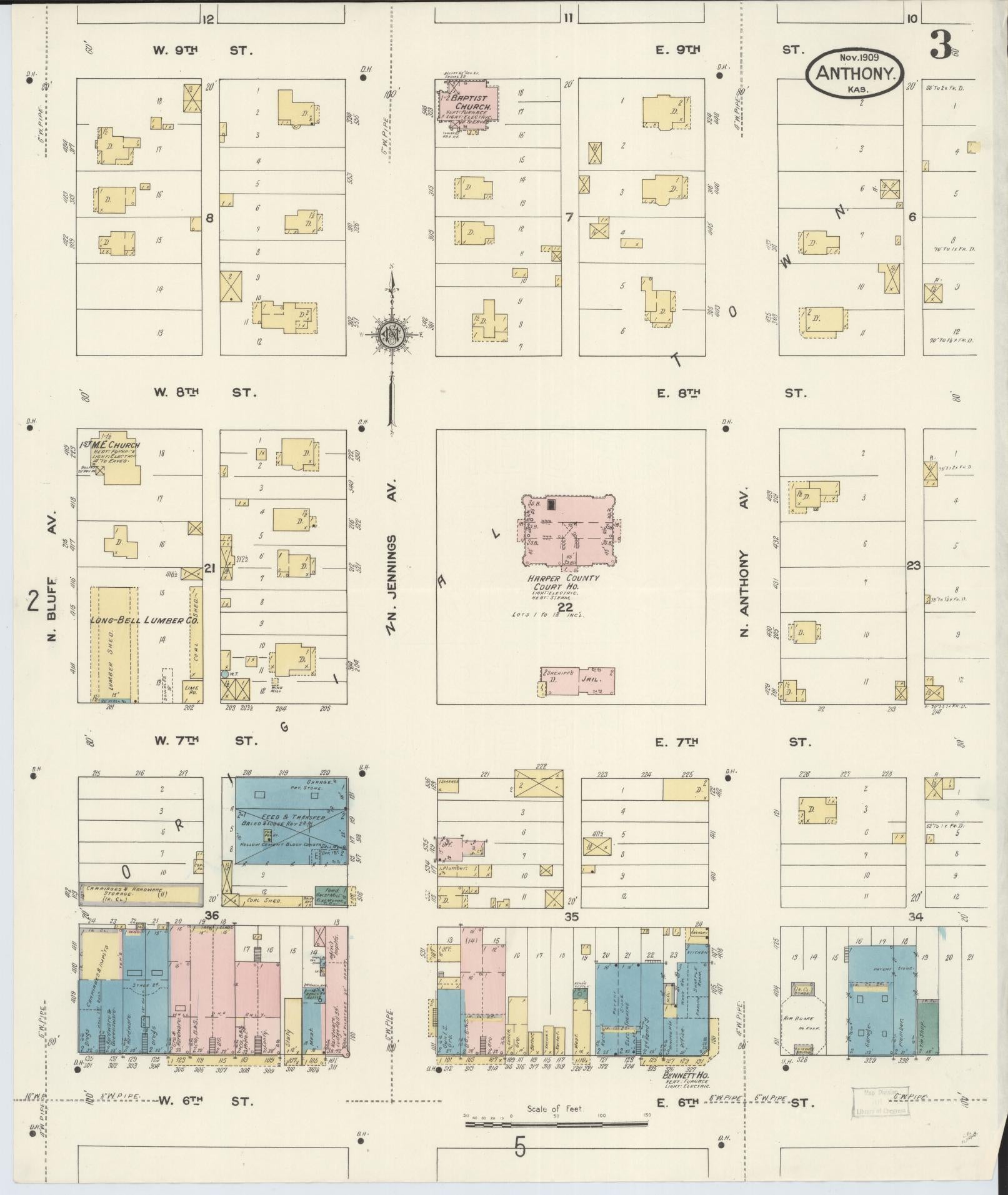Sanborn Fire Insurance Map from Anthony, Harper County, Kansas (1909), Sheet #0003 - Complete Map Set gallery image, historic Sanborn map, vintage wall art, Kansas Kansas