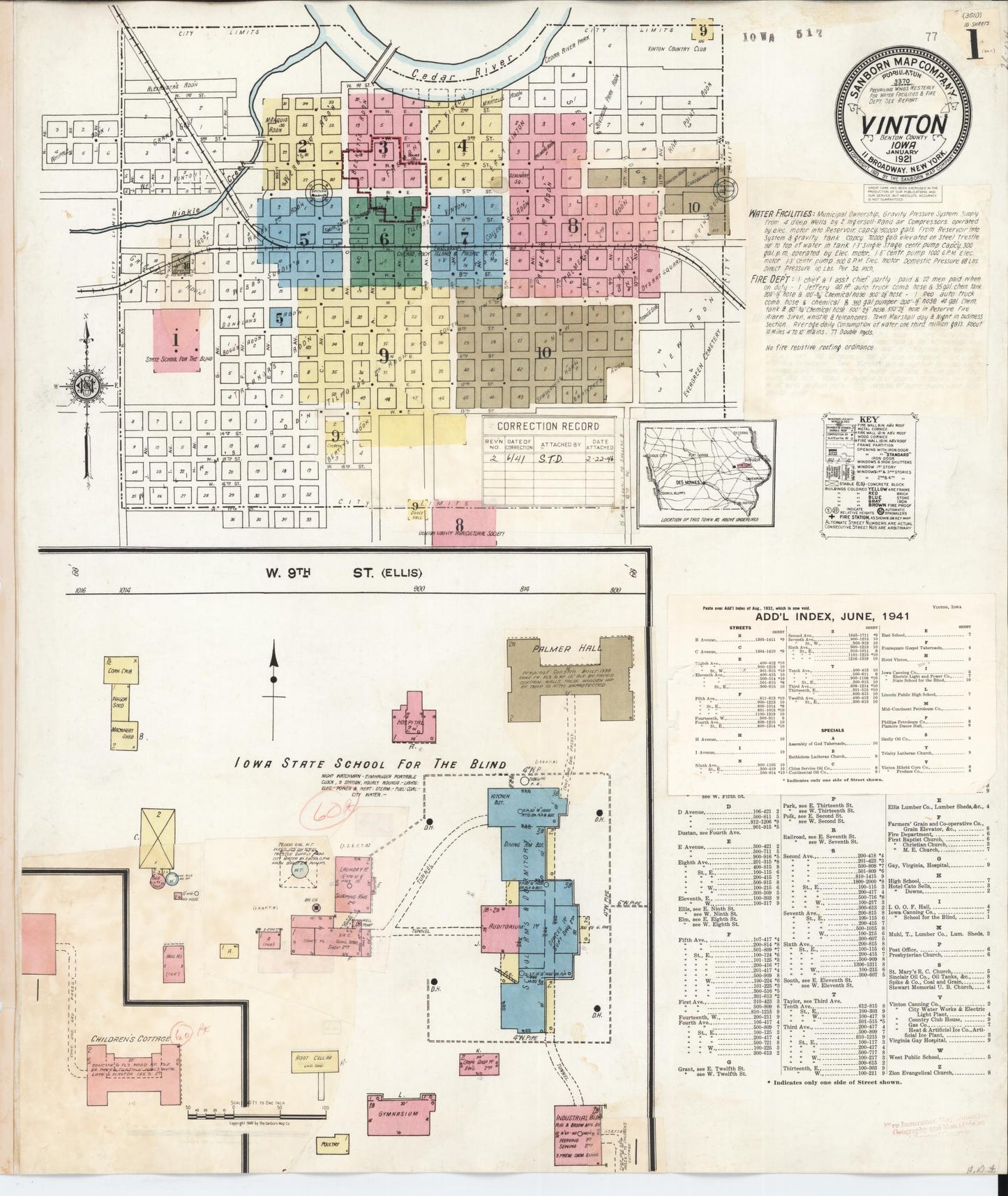 Sanborn Fire Insurance Map from Vinton, Benton County, Iowa (1941), Sheet #0001 - Historic Sanborn Fire Insurance Map Print, vintage old map wall art