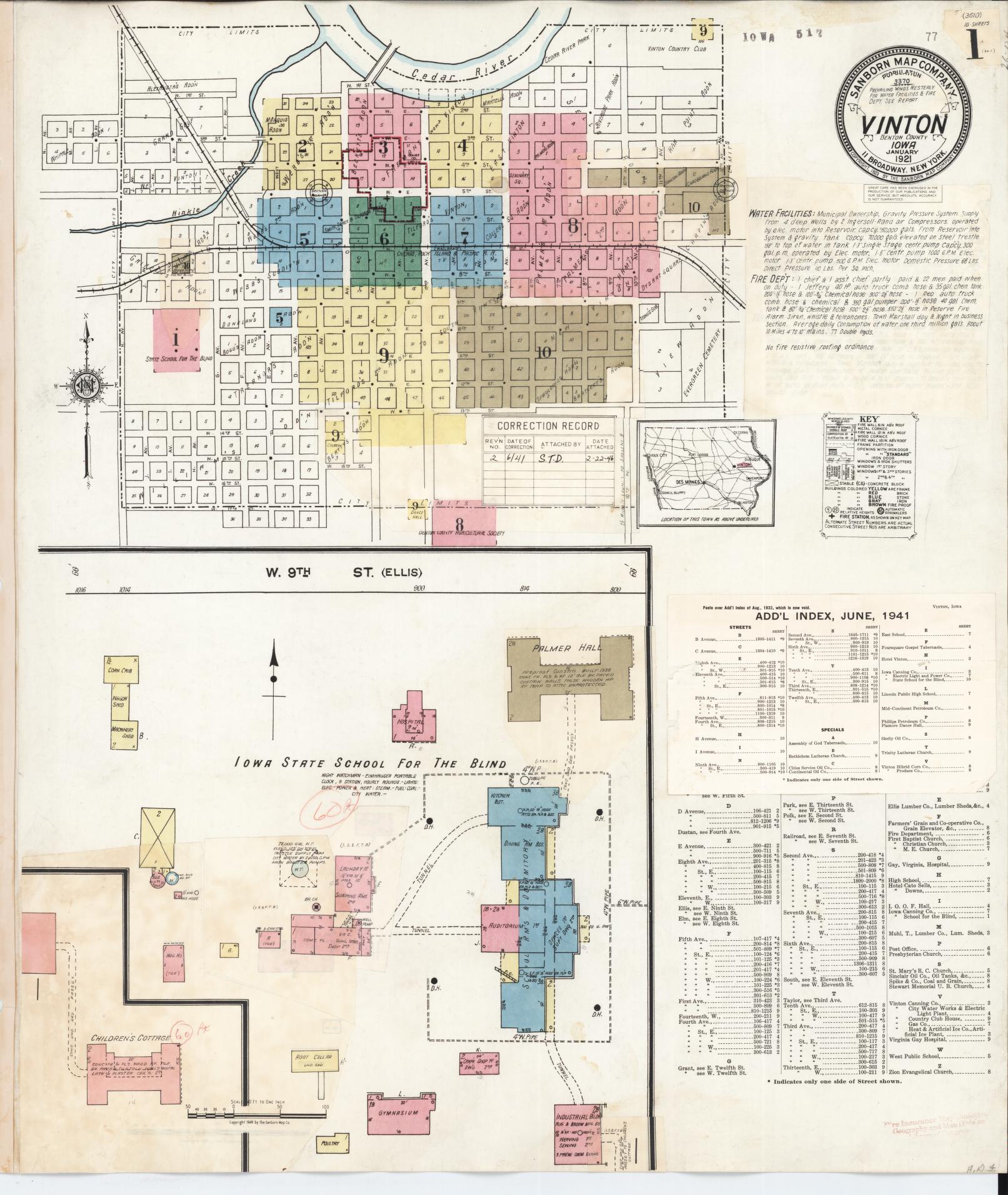 Sanborn Fire Insurance Map from Vinton, Benton County, Iowa (1941), Sheet #0001 - Historic Sanborn Fire Insurance Map Print, vintage old map wall art