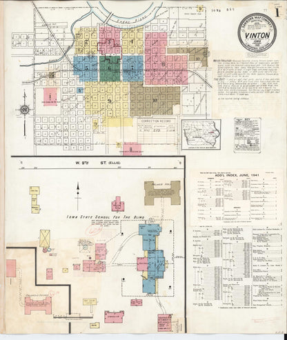 Sanborn Fire Insurance Map from Vinton, Benton County, Iowa (1941), Sheet #0001 - Historic Sanborn Fire Insurance Map Print, vintage old map wall art