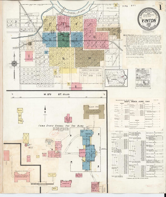 Sanborn Fire Insurance Map from Vinton, Benton County, Iowa (1941), Sheet #0001 - Historic Sanborn Fire Insurance Map Print, vintage old map wall art