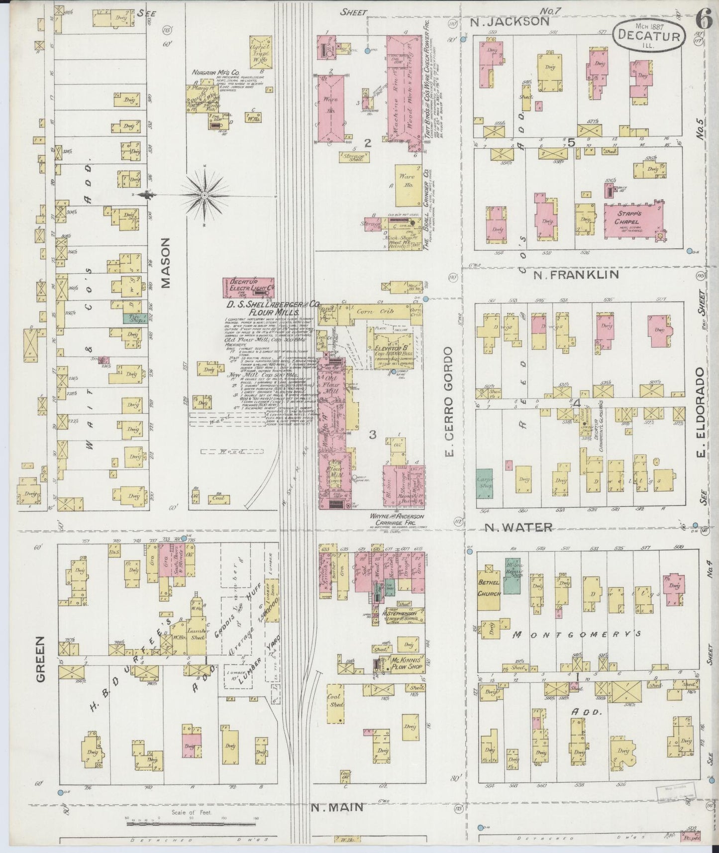 Sanborn Fire Insurance Map from Decatur, Macon County, Illinois (1887), Sheet #0006 - Historic Sanborn Fire Insurance Map Print, vintage old map wall art, antique decor, genealogy gift, Illinois Illinois map