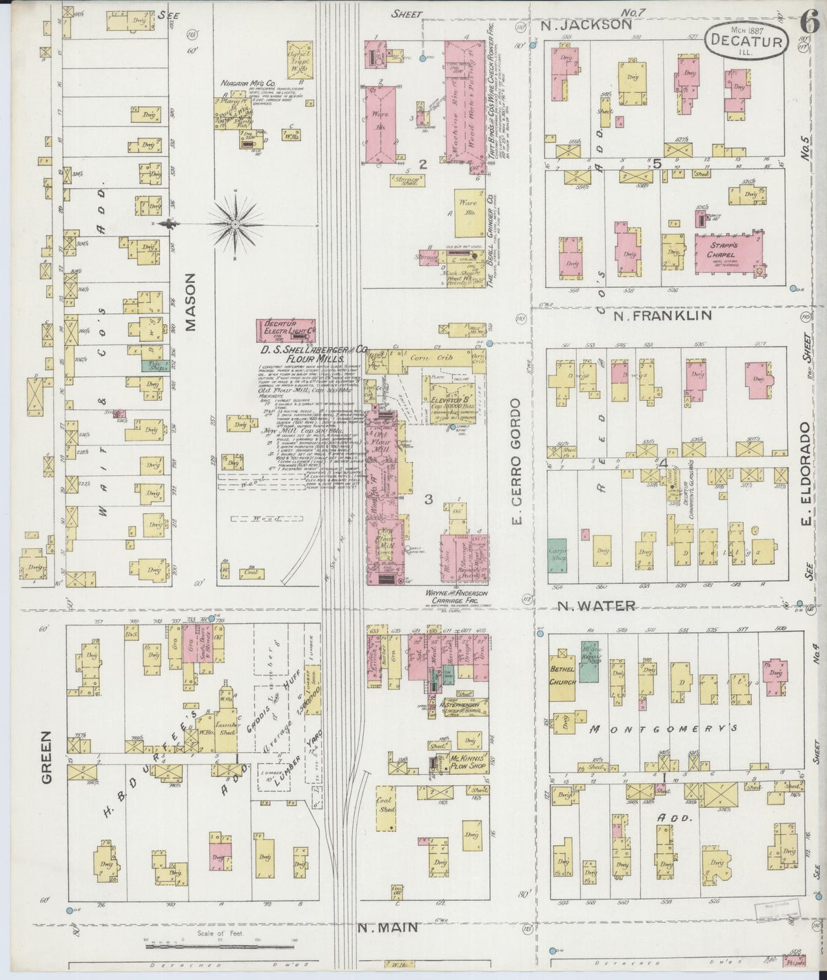 Sanborn Fire Insurance Map from Decatur, Macon County, Illinois (1887), Sheet #0006 - Historic Sanborn Fire Insurance Map Print, vintage old map wall art, antique decor, genealogy gift, Illinois Illinois map