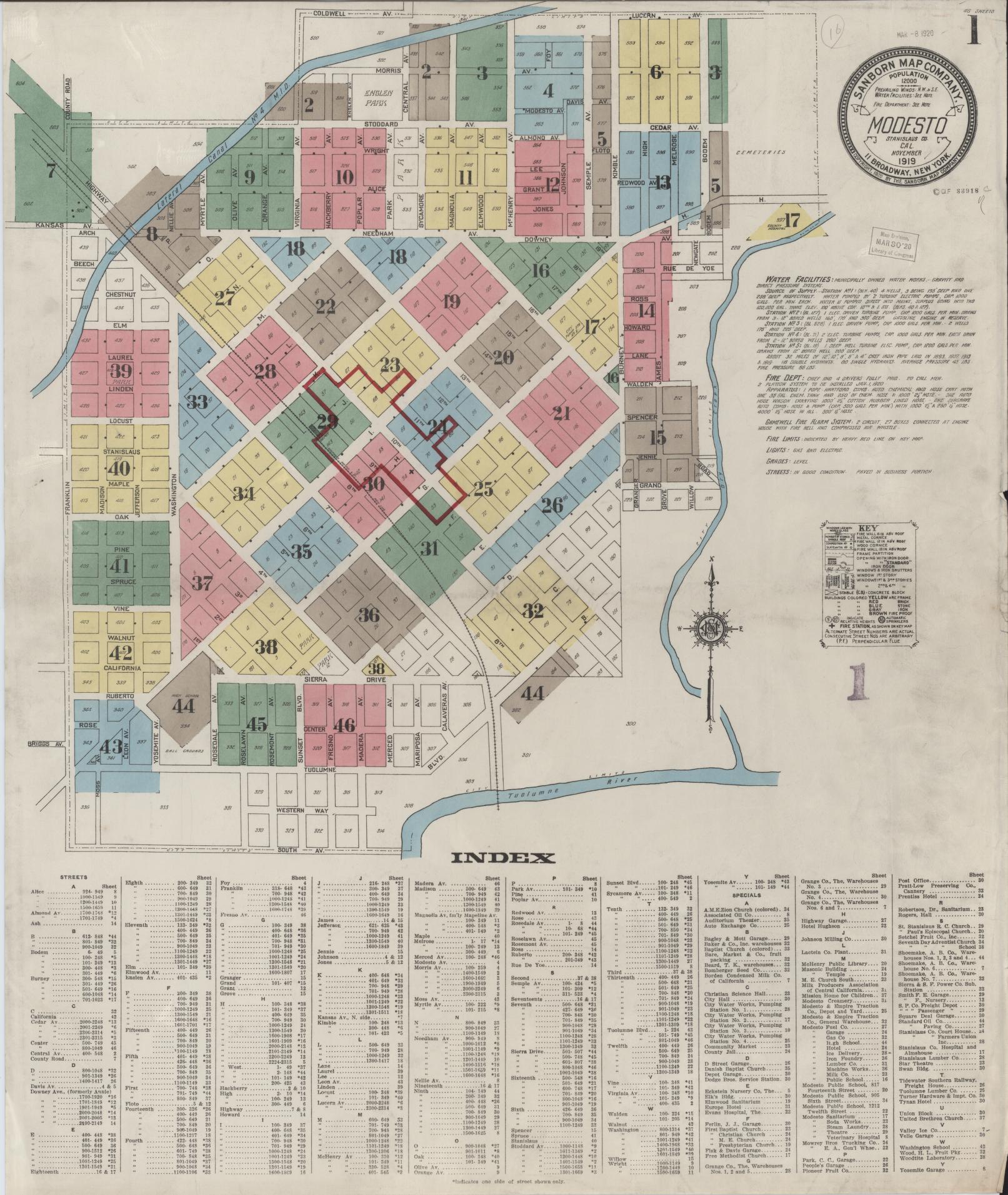 Sanborn Fire Insurance Map from Modesto, Stanislaus County, California (1919), Sheet #0001 - Complete Map Set gallery image, historic Sanborn map, vintage wall art, California California