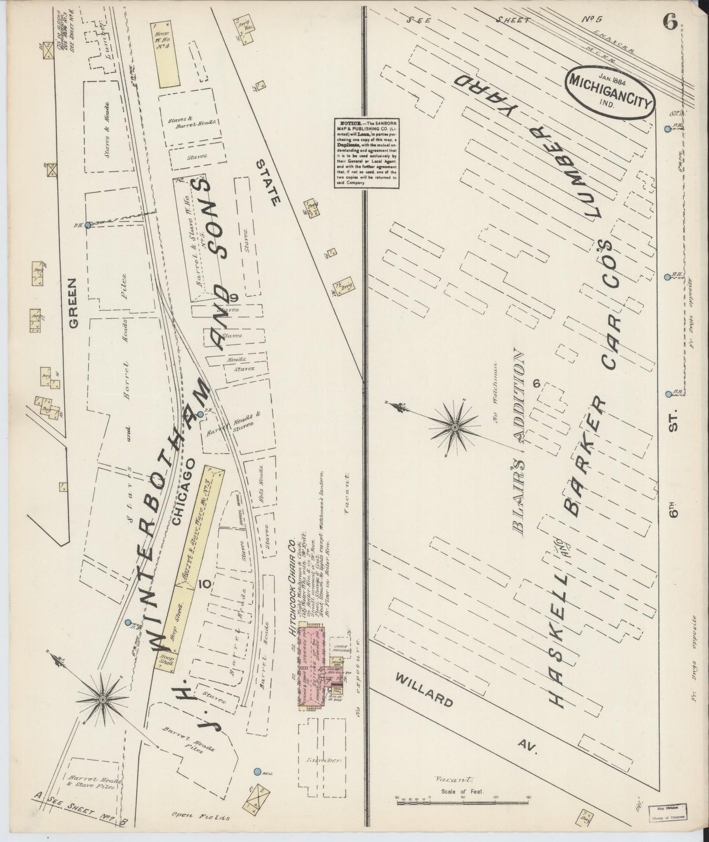 Sanborn Fire Insurance Map from Michigan City, La Porte  County, Indiana (1884), Sheet #0006 - Complete Map Set gallery image, historic Sanborn map, vintage wall art, Michigan Michigan