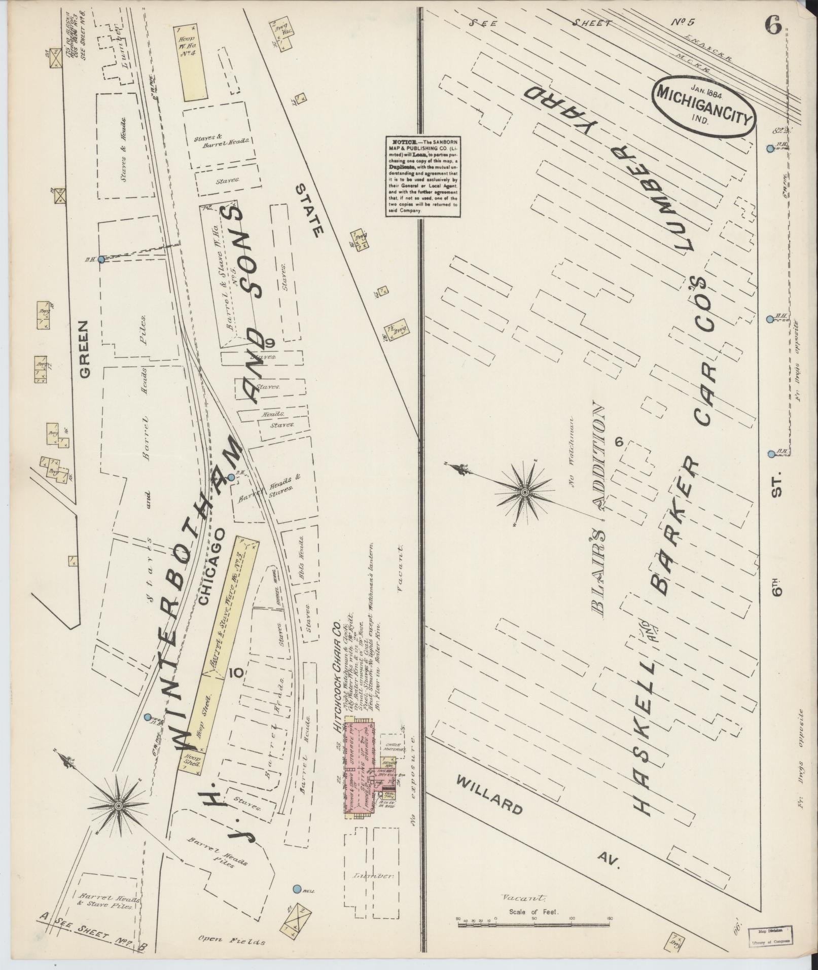 Sanborn Fire Insurance Map from Michigan City, La Porte  County, Indiana (1884), Sheet #0006 - Complete Map Set gallery image, historic Sanborn map, vintage wall art, Michigan Michigan