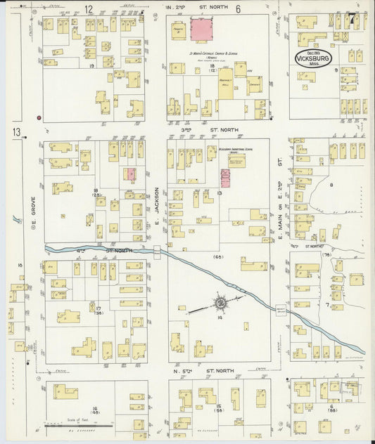 Sanborn Fire Insurance Map from Vicksburg, Warren County, Mississippi (1913), Sheet #0007 - Historic Sanborn Fire Insurance Map Print, vintage old map wall art, antique decor, genealogy gift, Mississippi Mississippi map