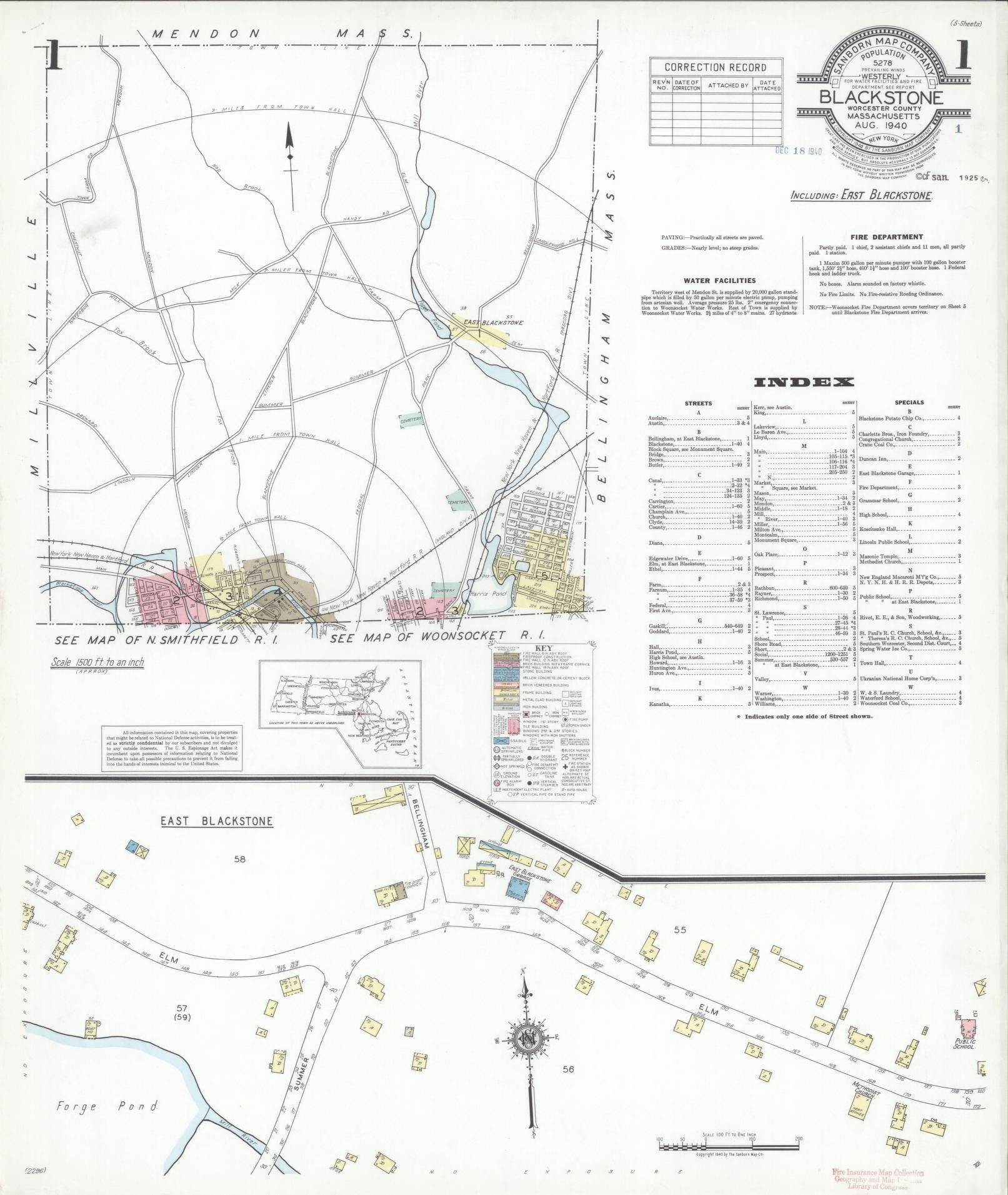 Sanborn Fire Insurance Map from Blackstone, Worcester County, Massachusetts. (1940) – Historic Sanborn Fire Insurance Map Print