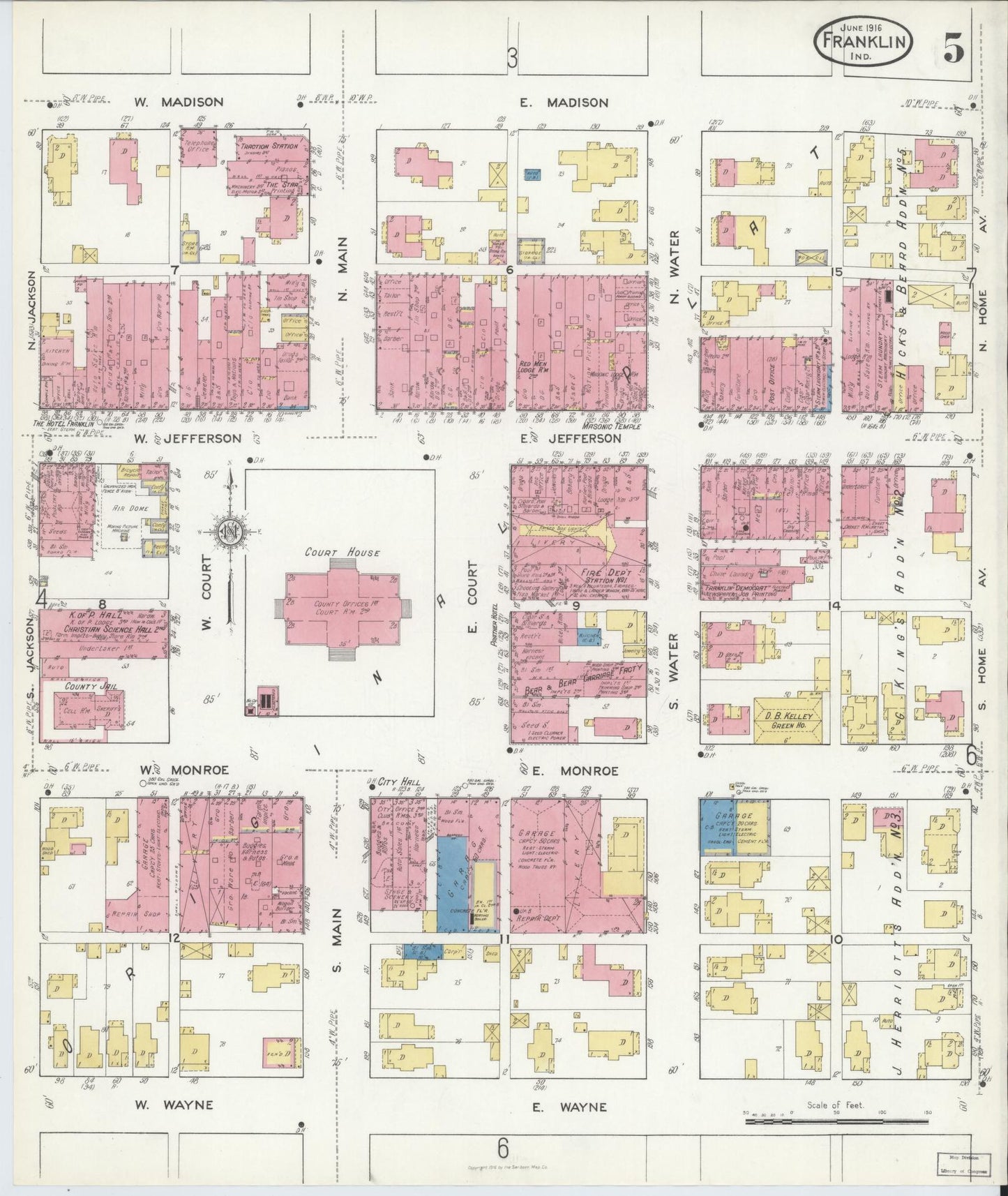 Sanborn Fire Insurance Map from Franklin, Johnson County, Indiana (1916), Sheet #0005 - Historic Sanborn Fire Insurance Map Print, vintage old map wall art, antique decor, genealogy gift, Indiana Indiana map