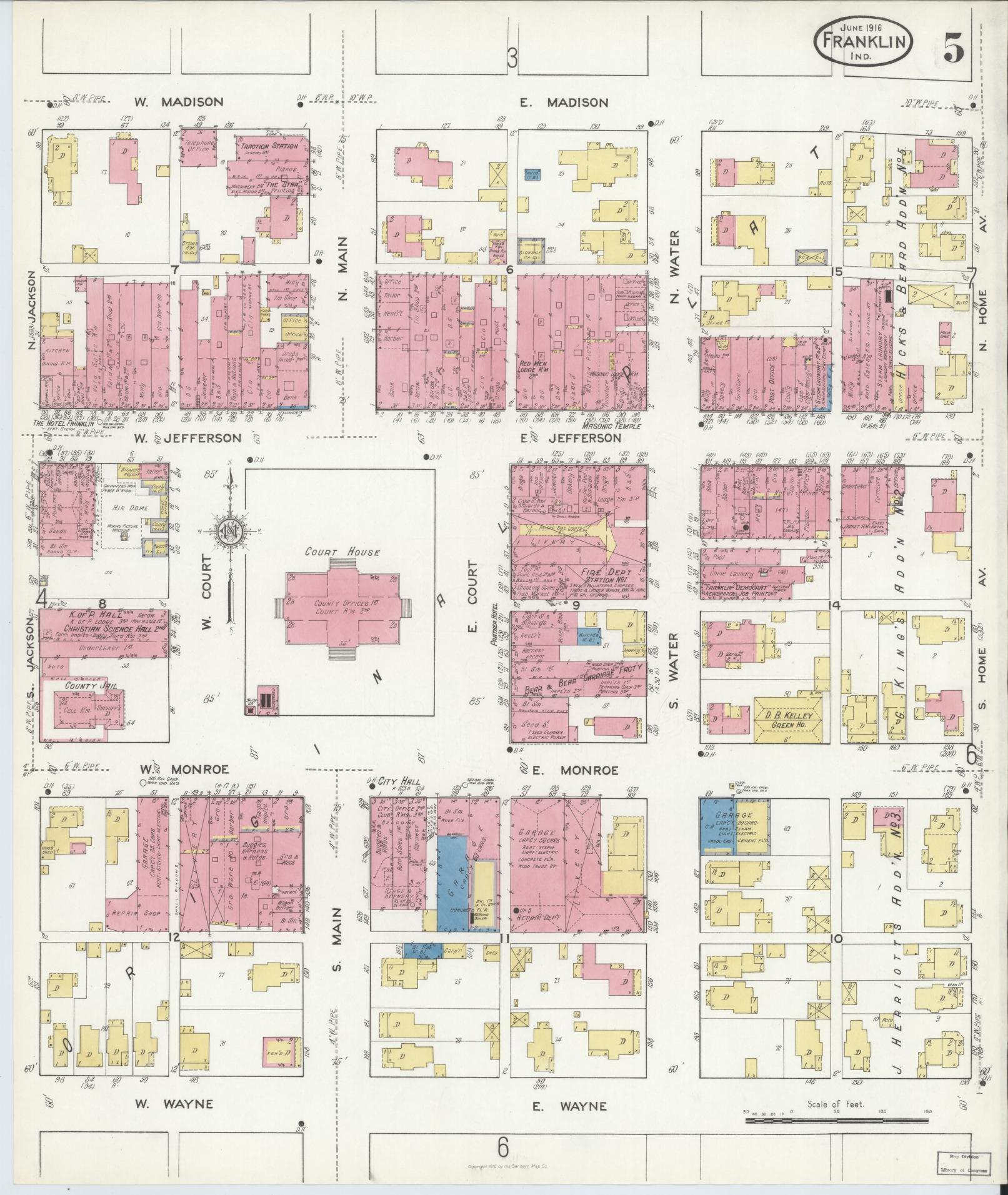 Sanborn Fire Insurance Map from Franklin, Johnson County, Indiana (1916), Sheet #0005 - Historic Sanborn Fire Insurance Map Print, vintage old map wall art, antique decor, genealogy gift, Indiana Indiana map