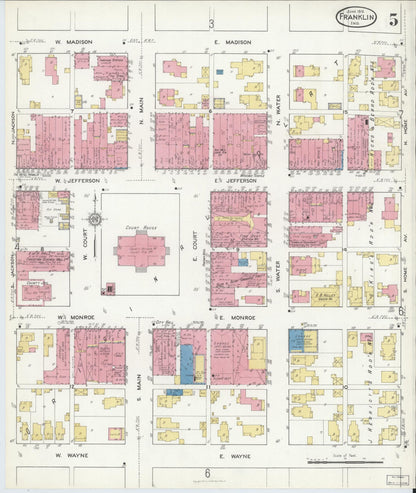 Sanborn Fire Insurance Map from Franklin, Johnson County, Indiana (1916), Sheet #0005 - Historic Sanborn Fire Insurance Map Print, vintage old map wall art, antique decor, genealogy gift, Indiana Indiana map