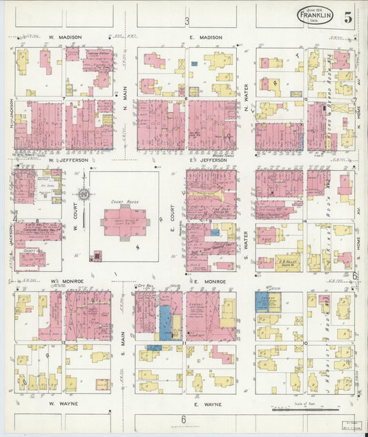 Sanborn Fire Insurance Map from Franklin, Johnson County, Indiana (1916), Sheet #0005 - Historic Sanborn Fire Insurance Map Print, vintage old map wall art, antique decor, genealogy gift, Indiana Indiana map