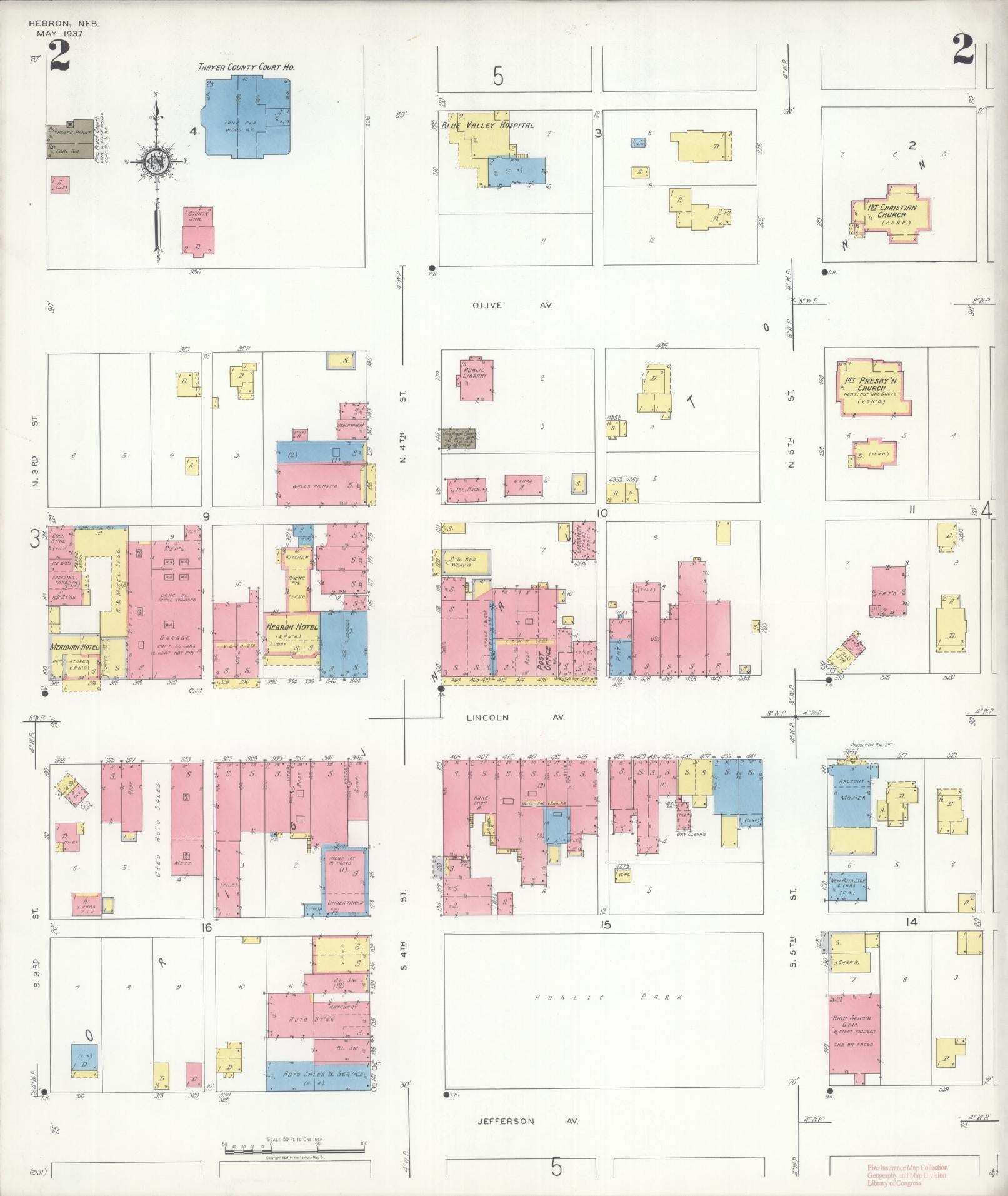 Sanborn Fire Insurance Map from Hebron, Thayer County, Nebraska (1937), Sheet #0002 - Complete Map Set gallery image, historic Sanborn map, vintage wall art, Nebraska Nebraska