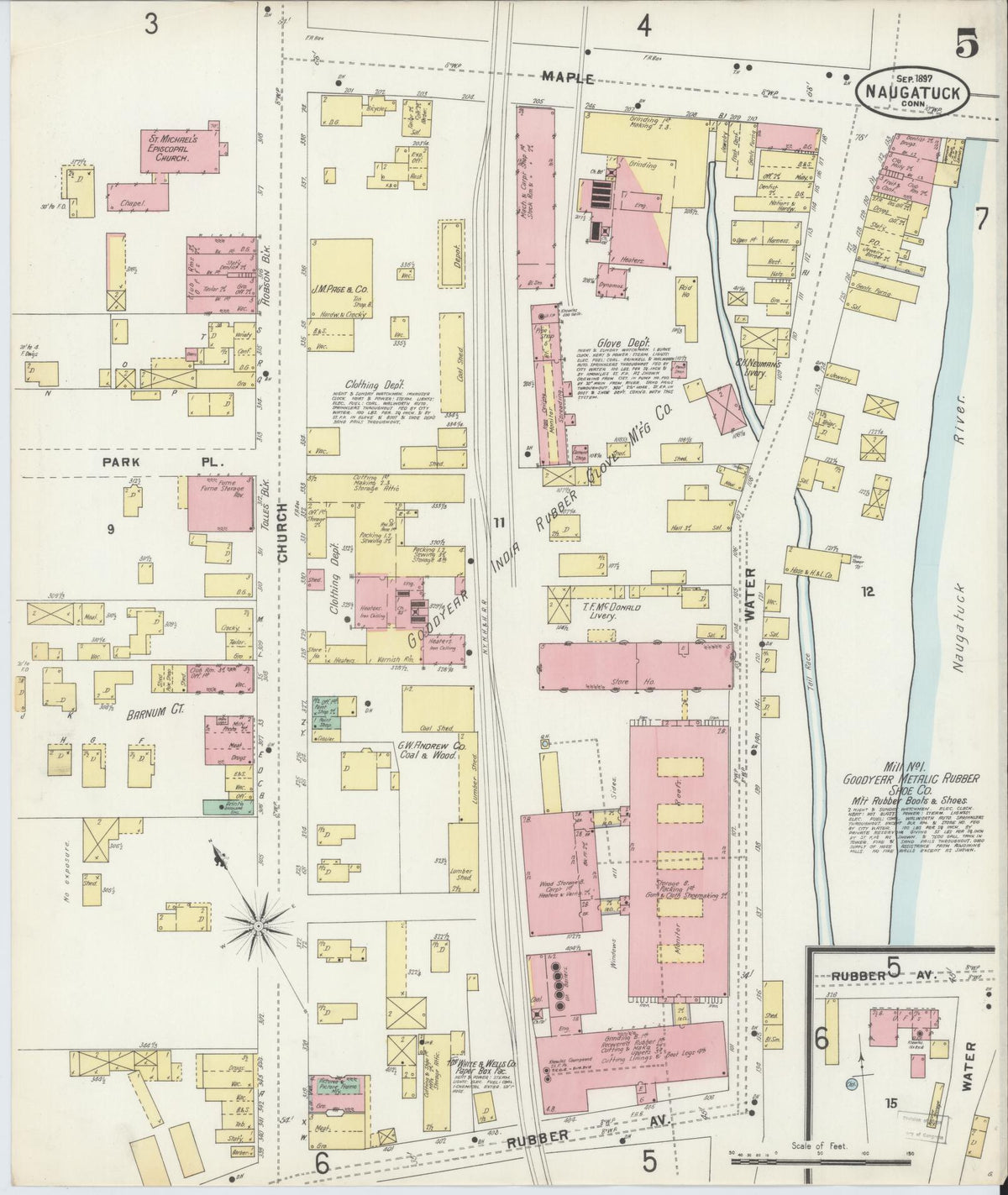 Sanborn Fire Insurance Map from Naugatuck, New Haven County, Connecticut (1897), Sheet #0005 - Historic Sanborn Fire Insurance Map Print, vintage old map wall art, antique decor, genealogy gift, Connecticut Connecticut map