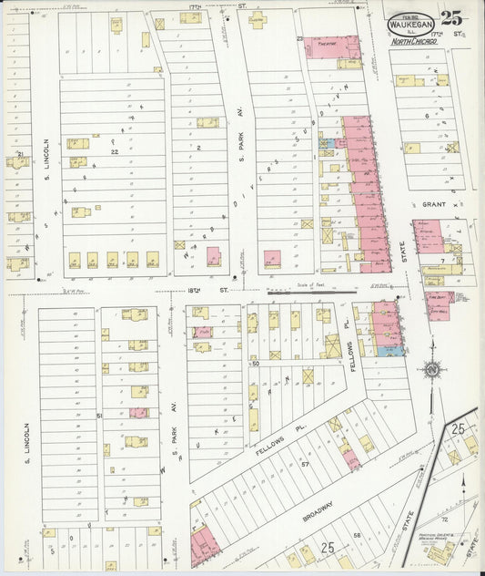 Sanborn Fire Insurance Map from Waukegan, Lake County, Illinois (1912), Sheet #0025 - Historic Sanborn Fire Insurance Map Print, vintage old map wall art, antique decor, genealogy gift, Illinois Illinois map