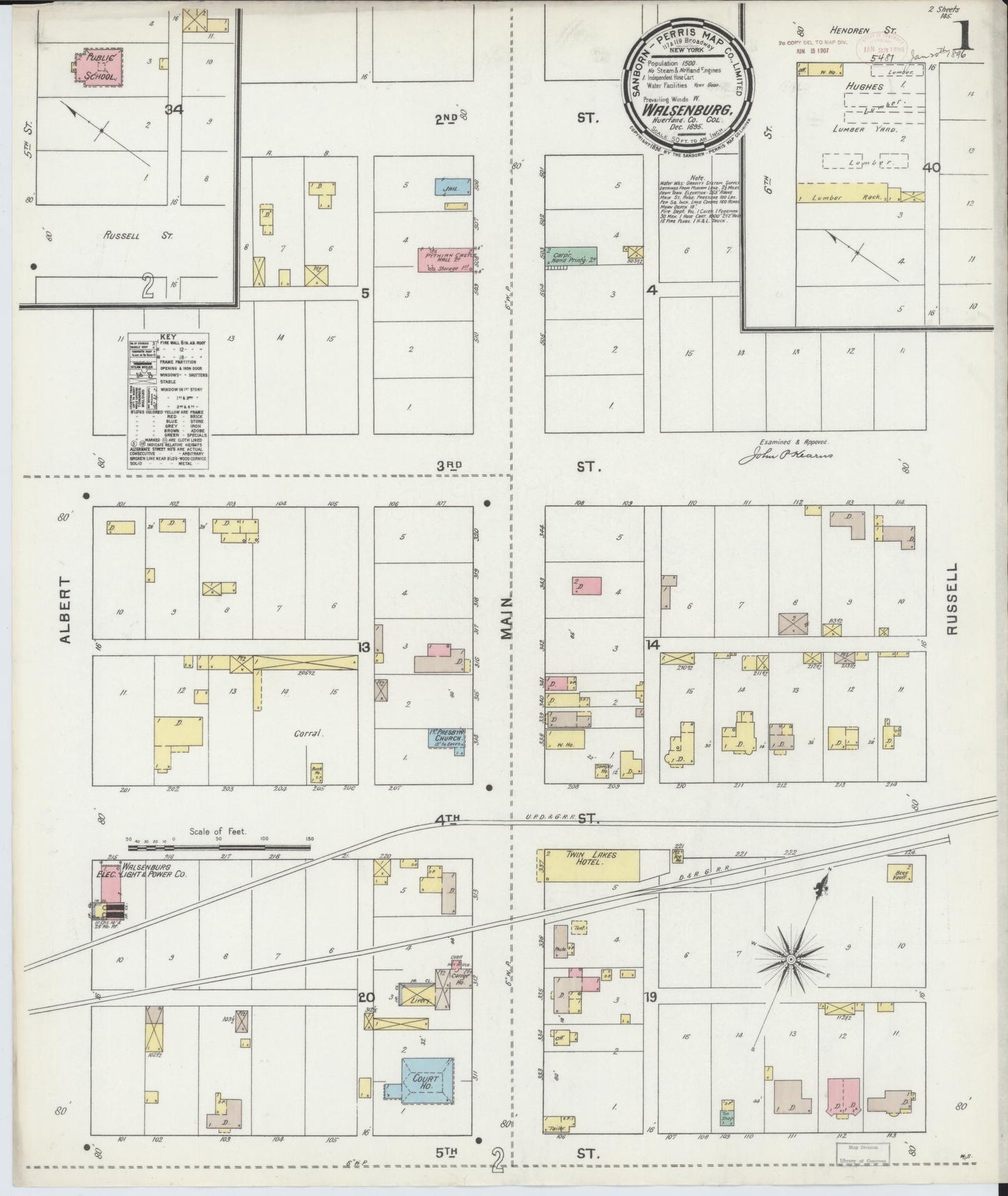 Sanborn Fire Insurance Map from Walsenburg, Huerfano County, Colorado (1895), Sheet #0001 - Historic Sanborn Fire Insurance Map Print, vintage old map wall art, antique decor, genealogy gift, Colorado Colorado map