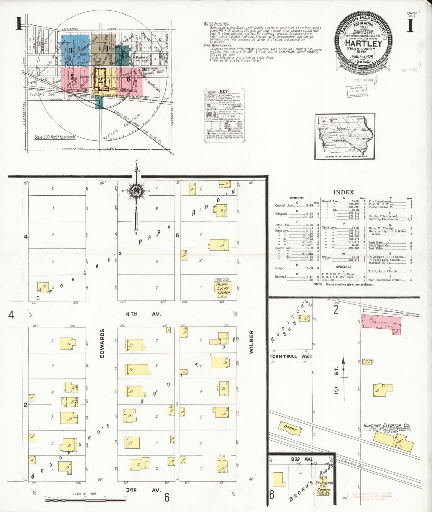 Sanborn Fire Insurance Map from Hartley, O'Brien County, Iowa (1925), Sheet #0001 - Historic Sanborn Fire Insurance Map Print, vintage old map wall art