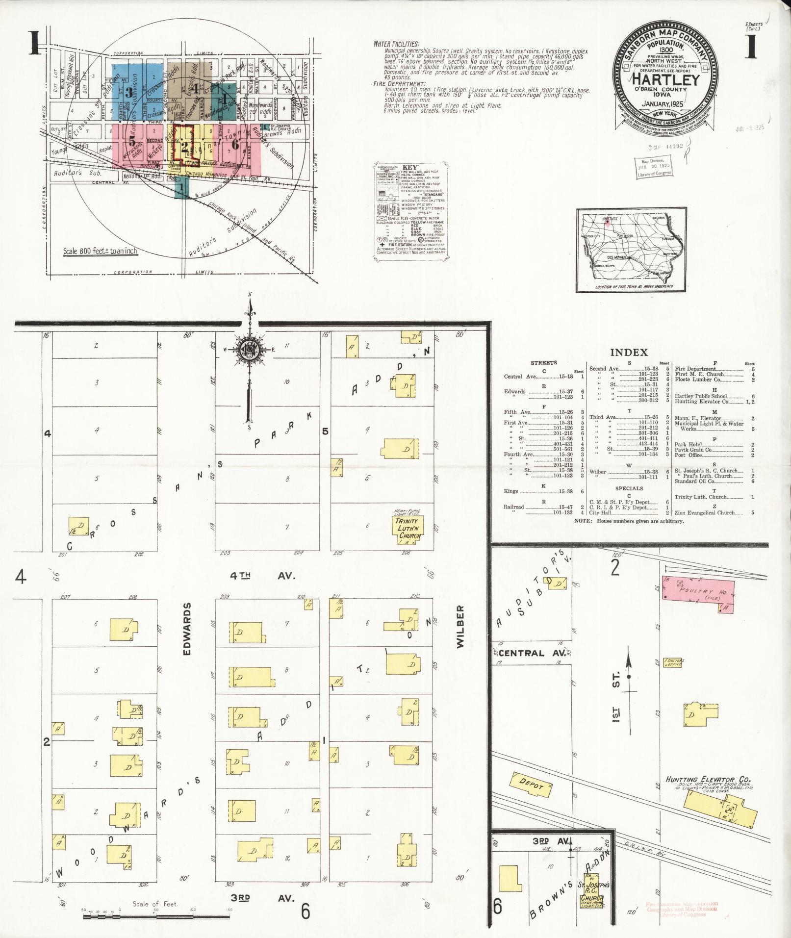 Sanborn Fire Insurance Map from Hartley, O'Brien County, Iowa (1925), Sheet #0001 - Historic Sanborn Fire Insurance Map Print, vintage old map wall art