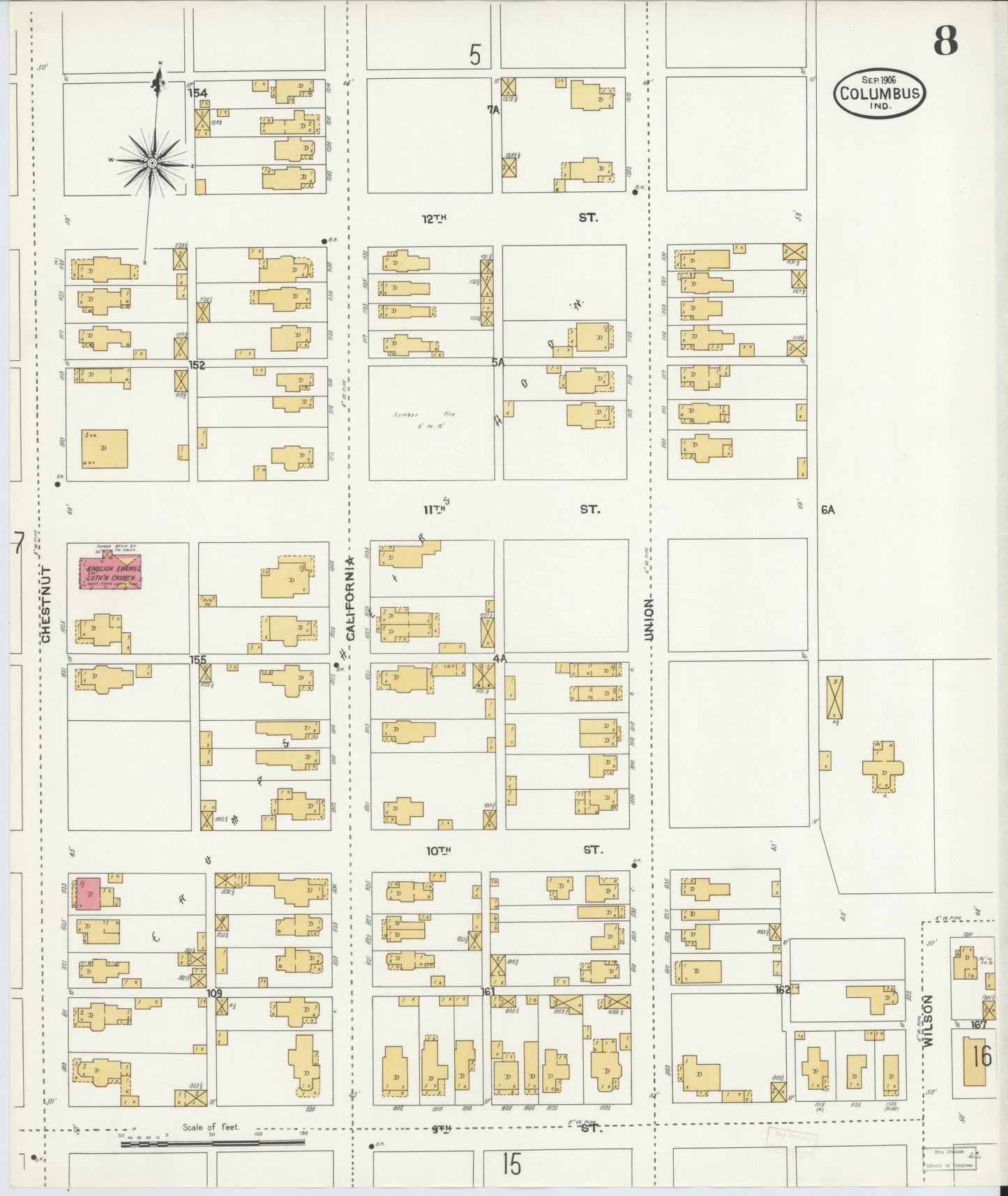 Sanborn Fire Insurance Map from Columbus, Bartholomew County, Indiana (1906), Sheet #0008 - Historic Sanborn Fire Insurance Map Print, vintage old map wall art, antique decor, genealogy gift, Indiana Indiana map