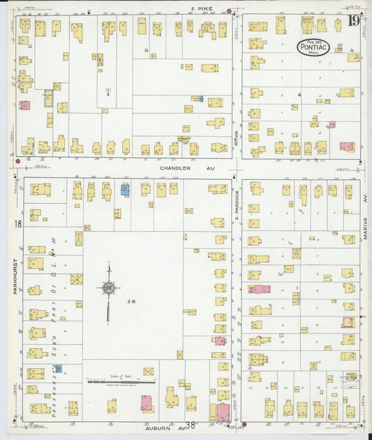 Sanborn Fire Insurance Map from Pontiac, Oakland County, Michigan (1919), Sheet #0019 - Historic Sanborn Fire Insurance Map Print, vintage old map wall art, antique decor, genealogy gift, Michigan Michigan map